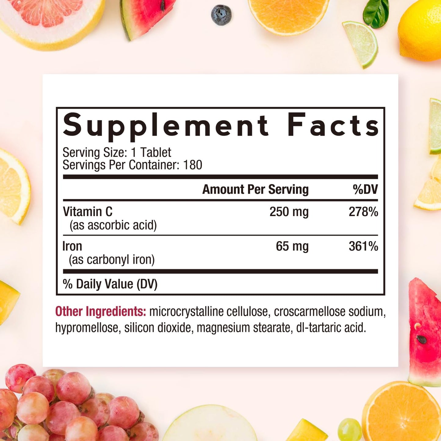 Doctor's Recipes Iron Supplement 65 mg with Vitamin C, Maximized Absorption & Stomach Friendly, Vegan Non-GMO, 180 Tablets