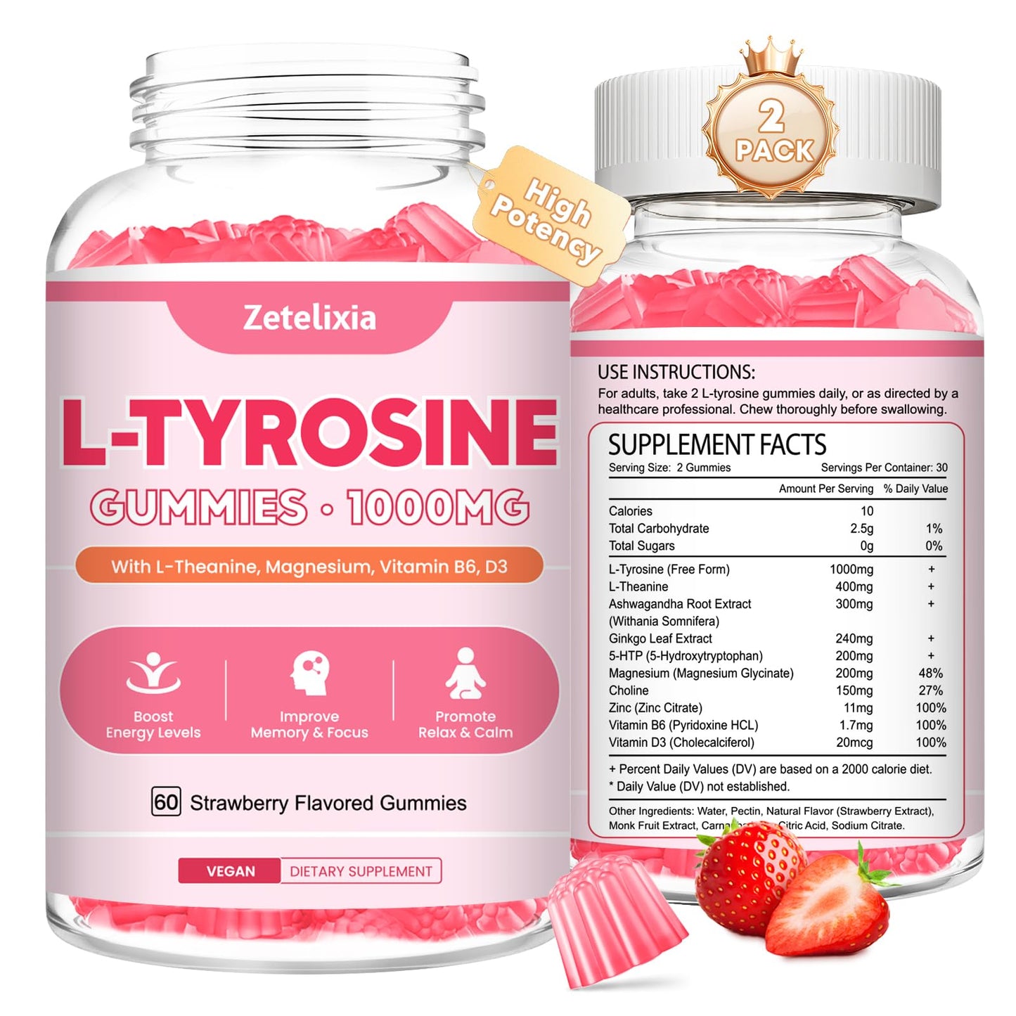 Zetelixia L-Tyrosine Gummies 10-in-1 L-Tyrosine Supplement with L-Theanine, B6 & D3, Strawberry Flavor, 120 Gummies