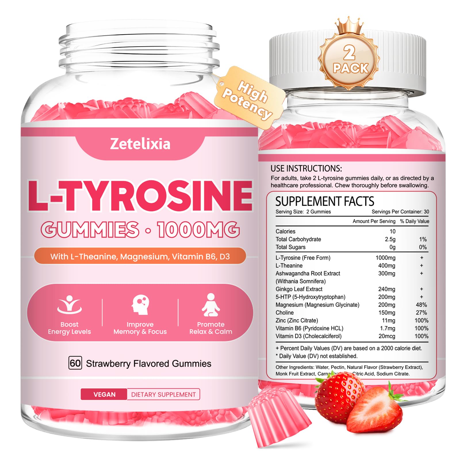 Zetelixia L-Tyrosine Gummies 10-in-1 L-Tyrosine Supplement with L-Theanine, B6 & D3, Strawberry Flavor, 120 Gummies