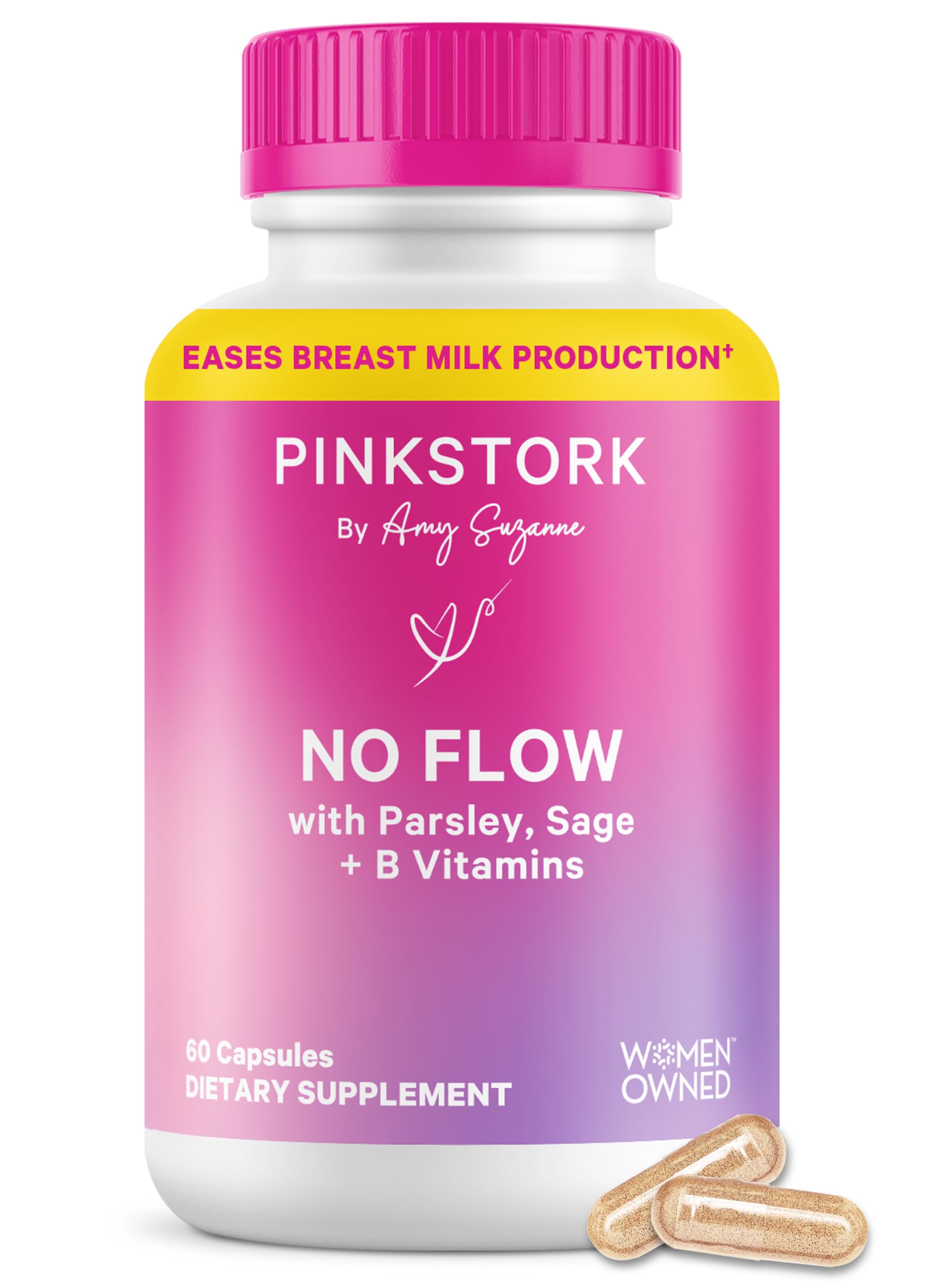Pink Stork No Flow Dry Up Breast Milk Supply with Sage, Parsley, and B Vitamins, 60 Capsules