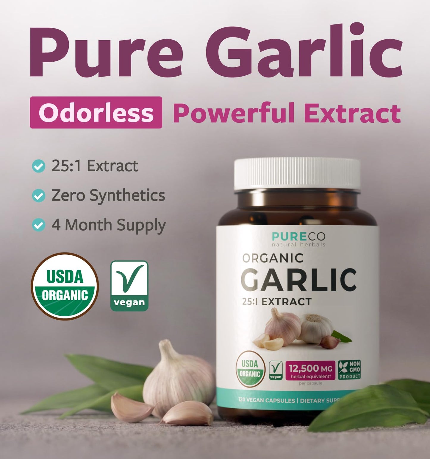 PURE CO USDA Organic Garlic Supplement Capsule 120