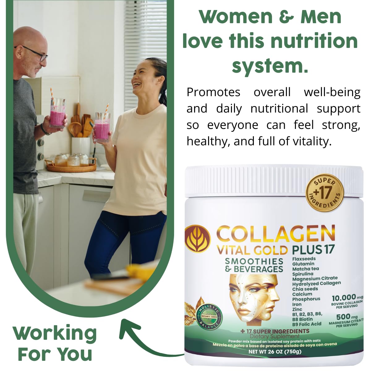 Gold Vital Life Collagen Peptides Powder - Hydrolyzed Collagen with +17 Super Ingredients, Mint & Lemon Flavor, 26 Servings