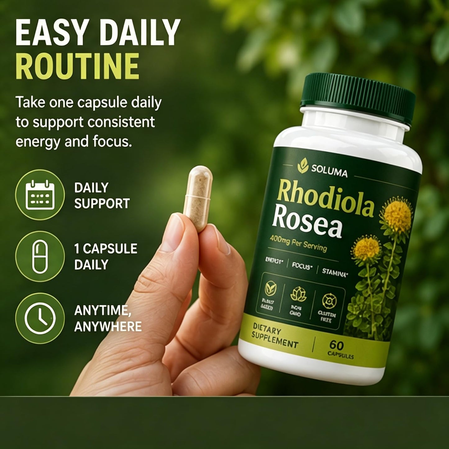 Morshny Soluma Rhodiola Rosea Capsules 400mg, Organic Rhodiola Extract, Adaptogen Supplement for Energy Support, Daily Wellness, Mental Focus, 60 Capsules