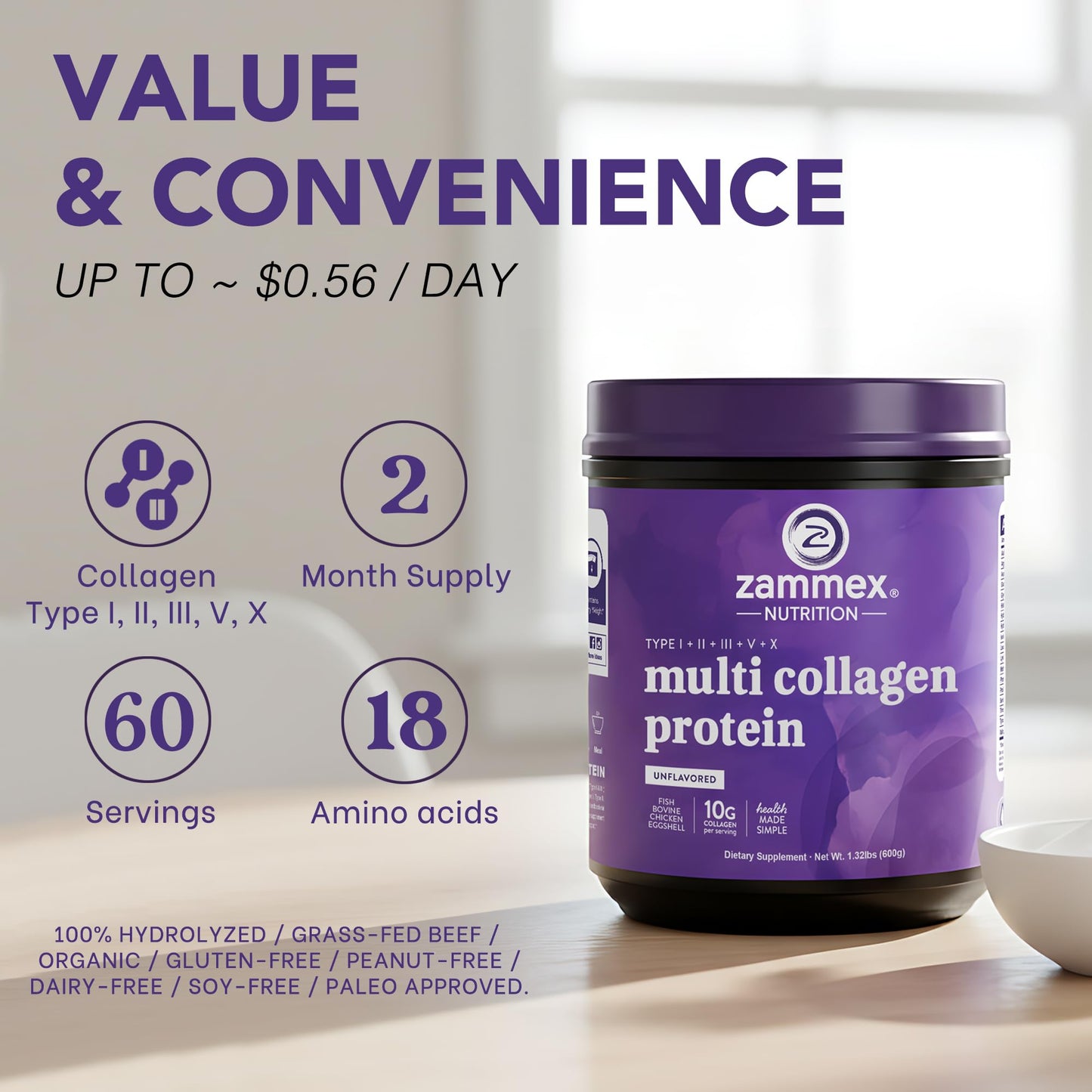 Zammex Multi Collagen Protein Powder, 5 Types of Hydrolyzed Collagen Peptides, Premium Grass-Fed Beef, Chicken, Wild Fish, Eggshell, Keto & Paleo Friendly, Unflavored, 21