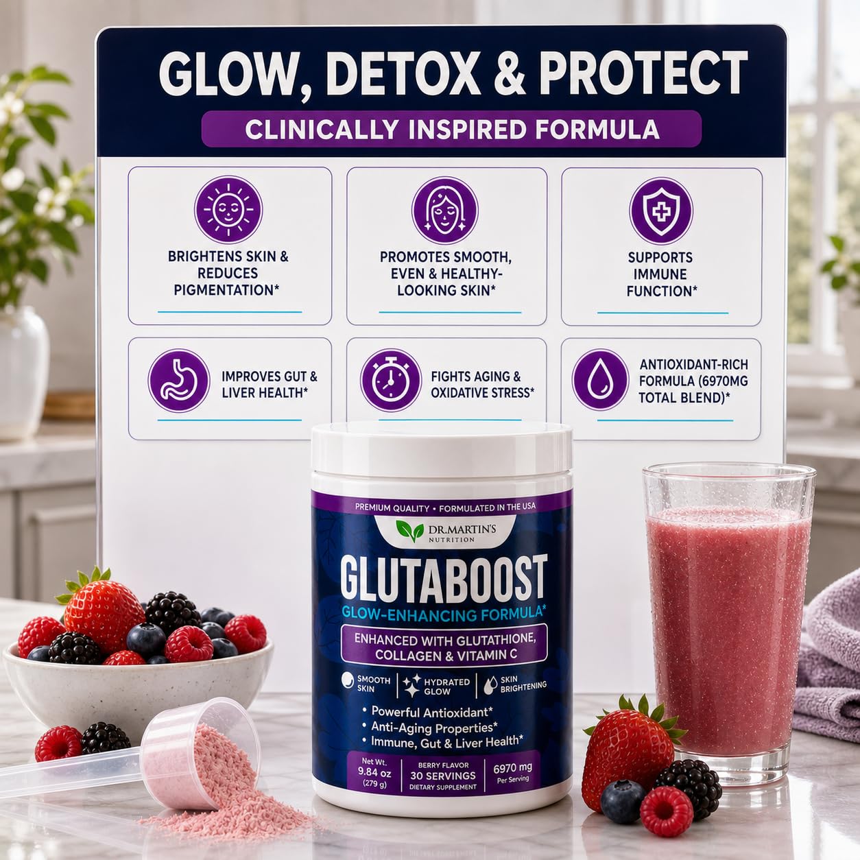 DR. MARTIN'S NUTRITION 6970mg Glutathione for Skin Brightening, Collagen & Vitamin C Powder, 9.84 Ounce