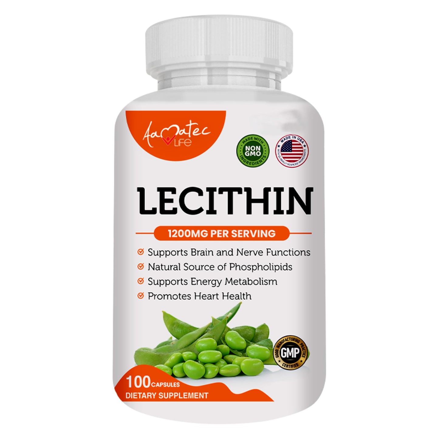 AAMATEC LIFE Soy Lecithin 1200mg Capsules, 100 Count