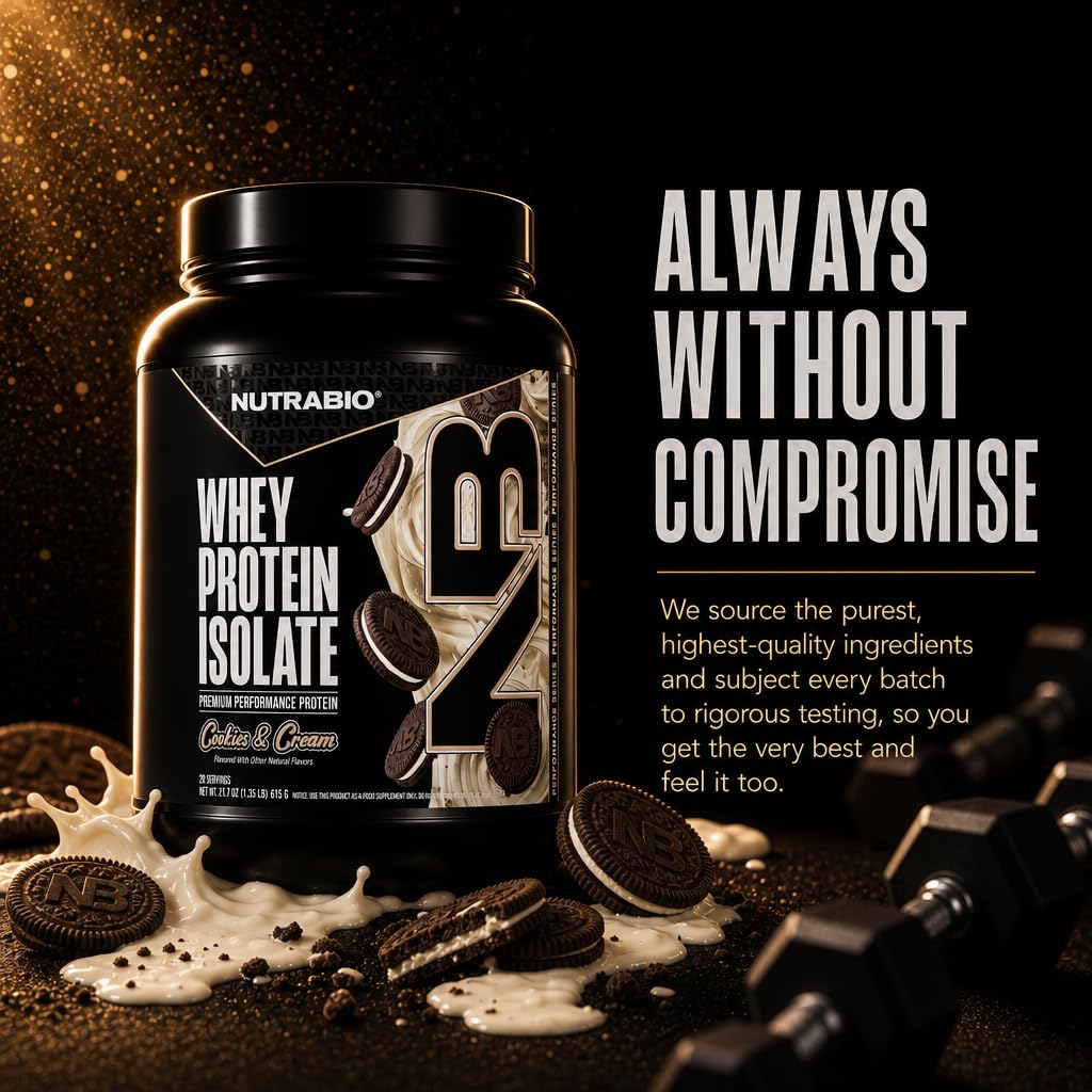 NutraBio 100% Whey Protein Isolate Protein Powder, Cookies & Cream, 20 Servings