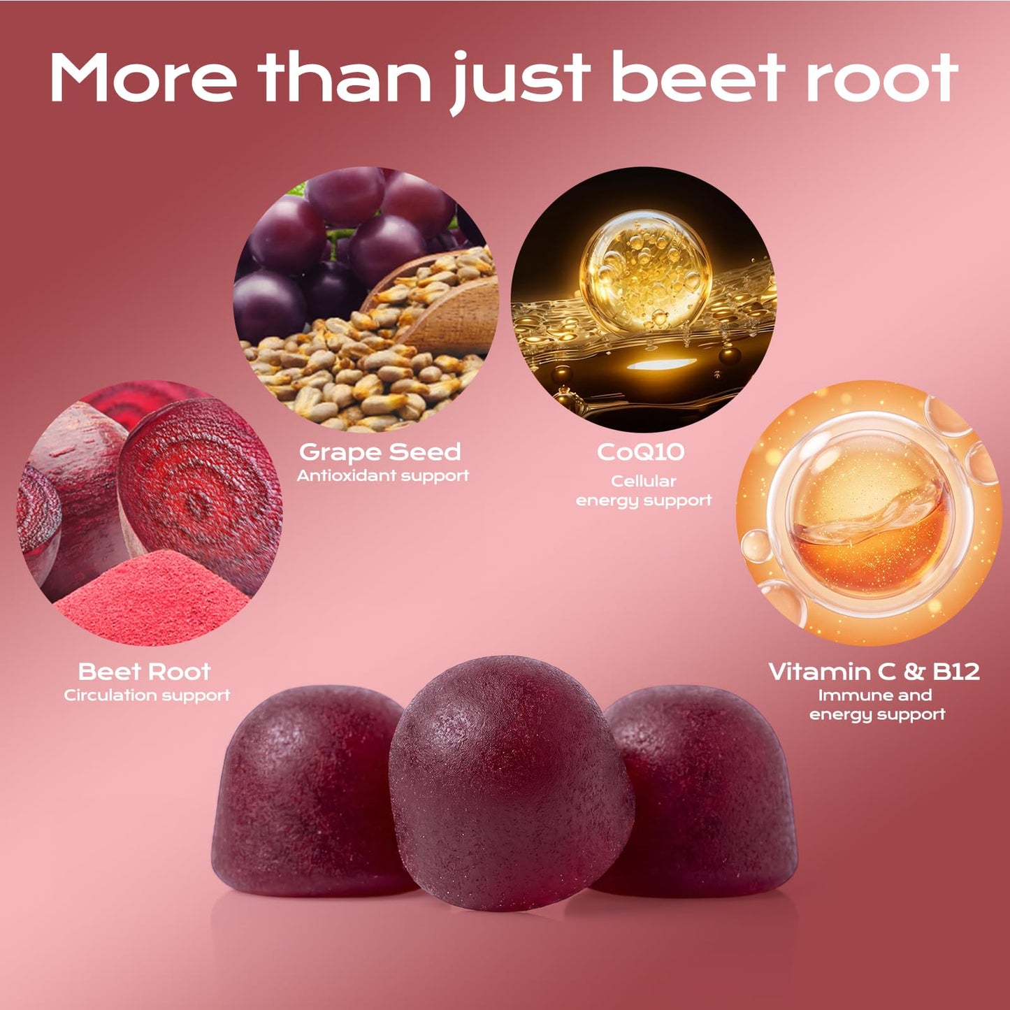 HOLINFRE Beet Root Gummies with Grape Seed & CoQ10, 60 Gummies