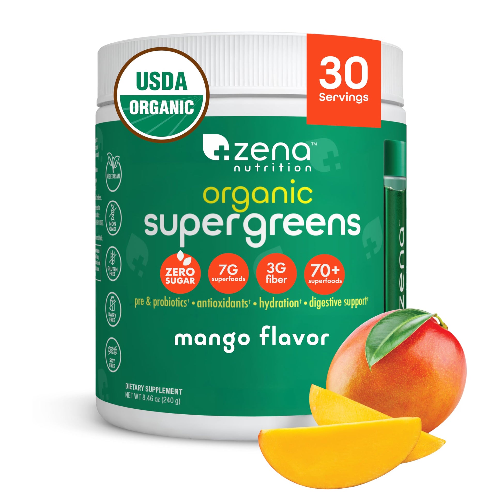 Zena Nutrition Organic Super Greens Powder Mango, 8.5 oz, 30 Servings