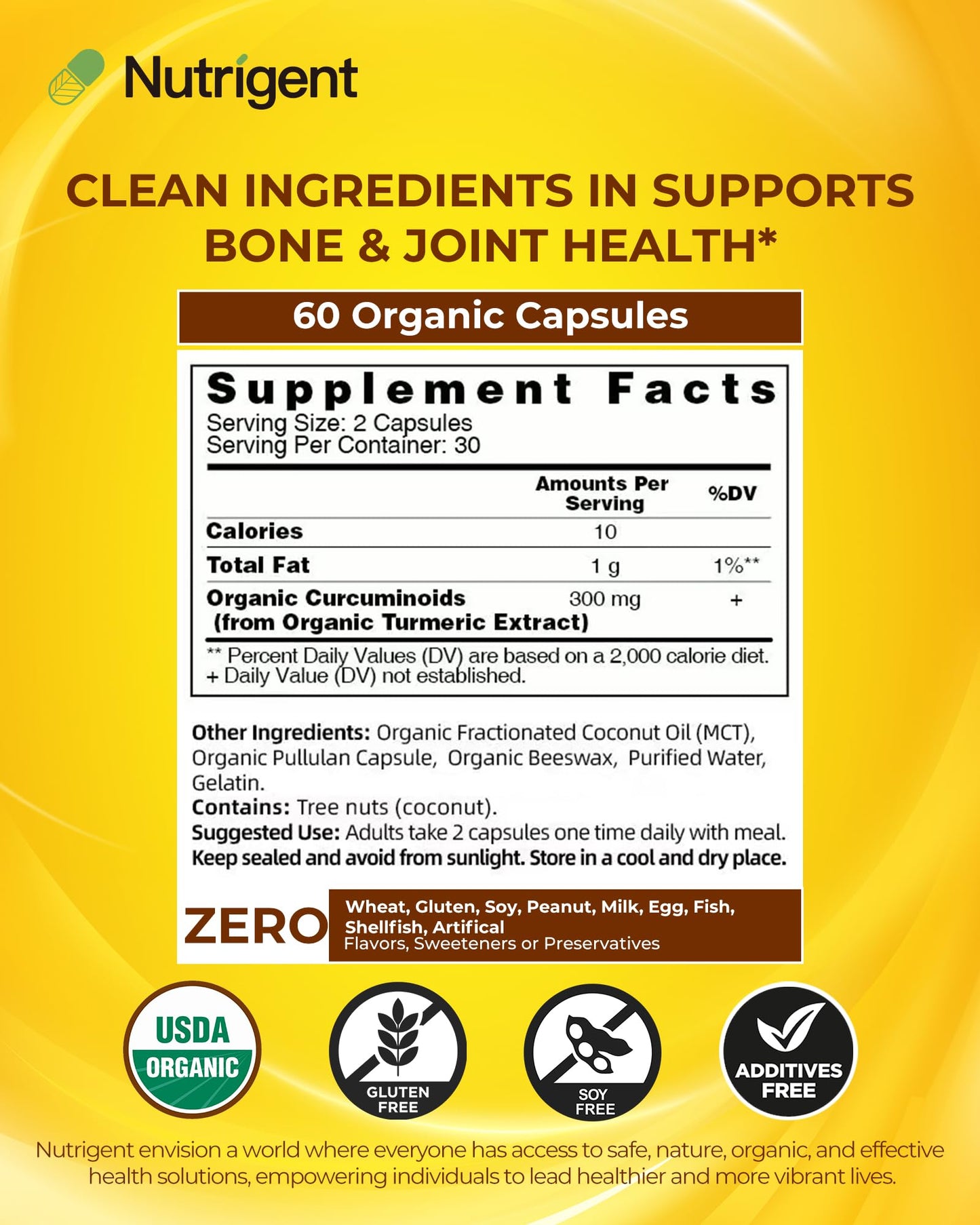 Nutrigent USDA Organic Turmeric Curcumin Supplement, Turmeric Extract with Curcuminoids 300 mg Capsule, 60 Count