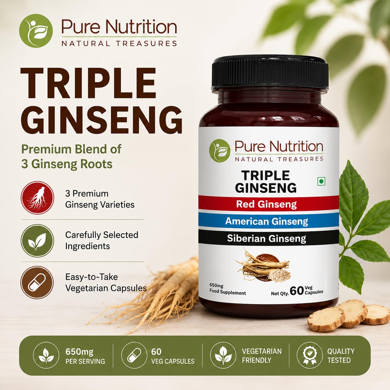 Pure Nutrition Natural Treasures Triple Ginseng Capsule 60 Veg Caps