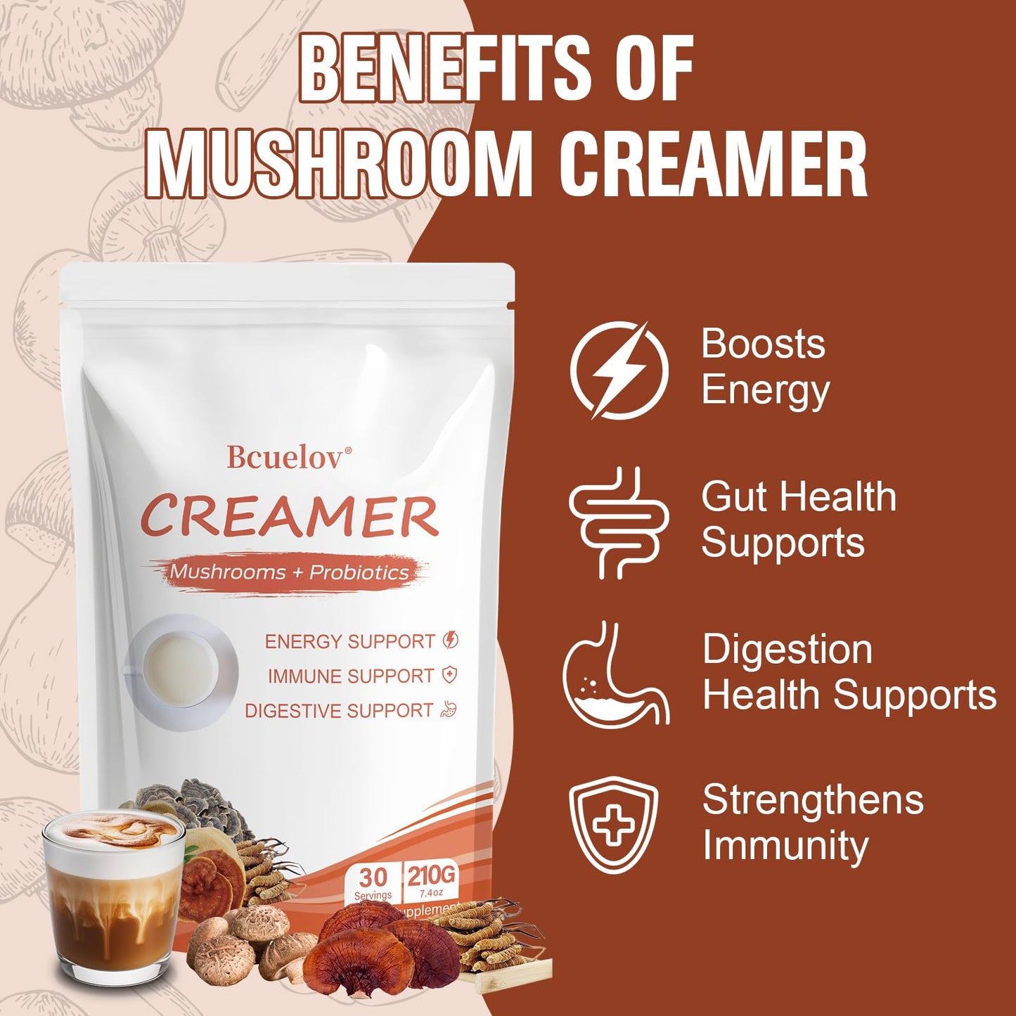 Bcuelov Mushroom Coffee Creamer Powder with 6 Adaptogenic Mushrooms & Probiotics, 7.4 oz