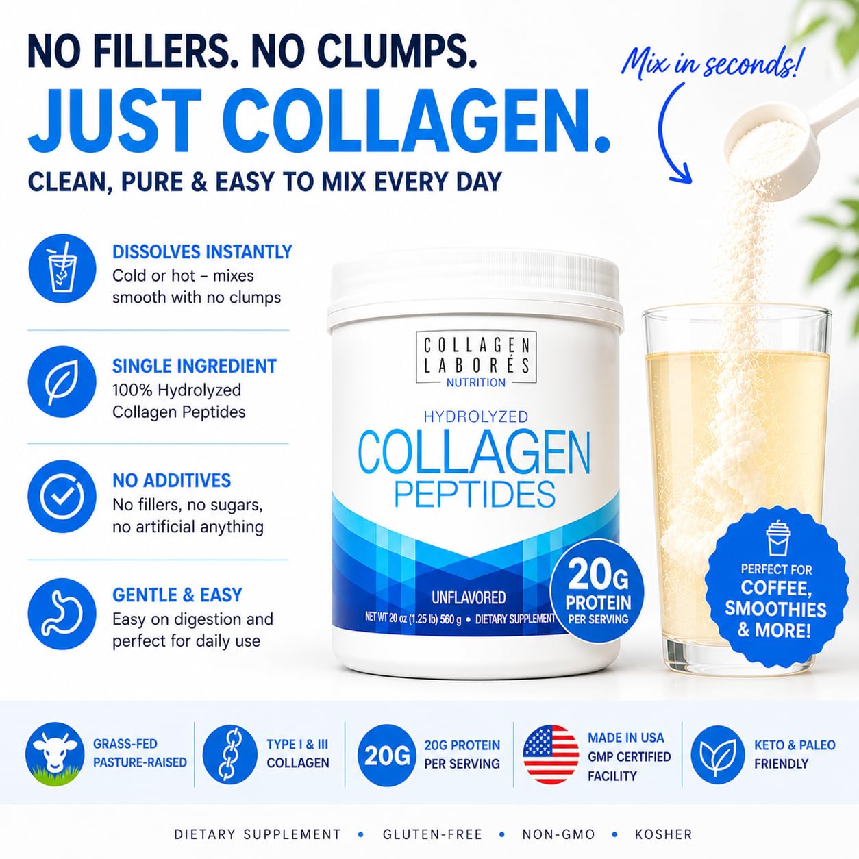 Collagen Laborés Pure Hydrolyzed Collagen Peptides Powder, Unflavored, 20 oz