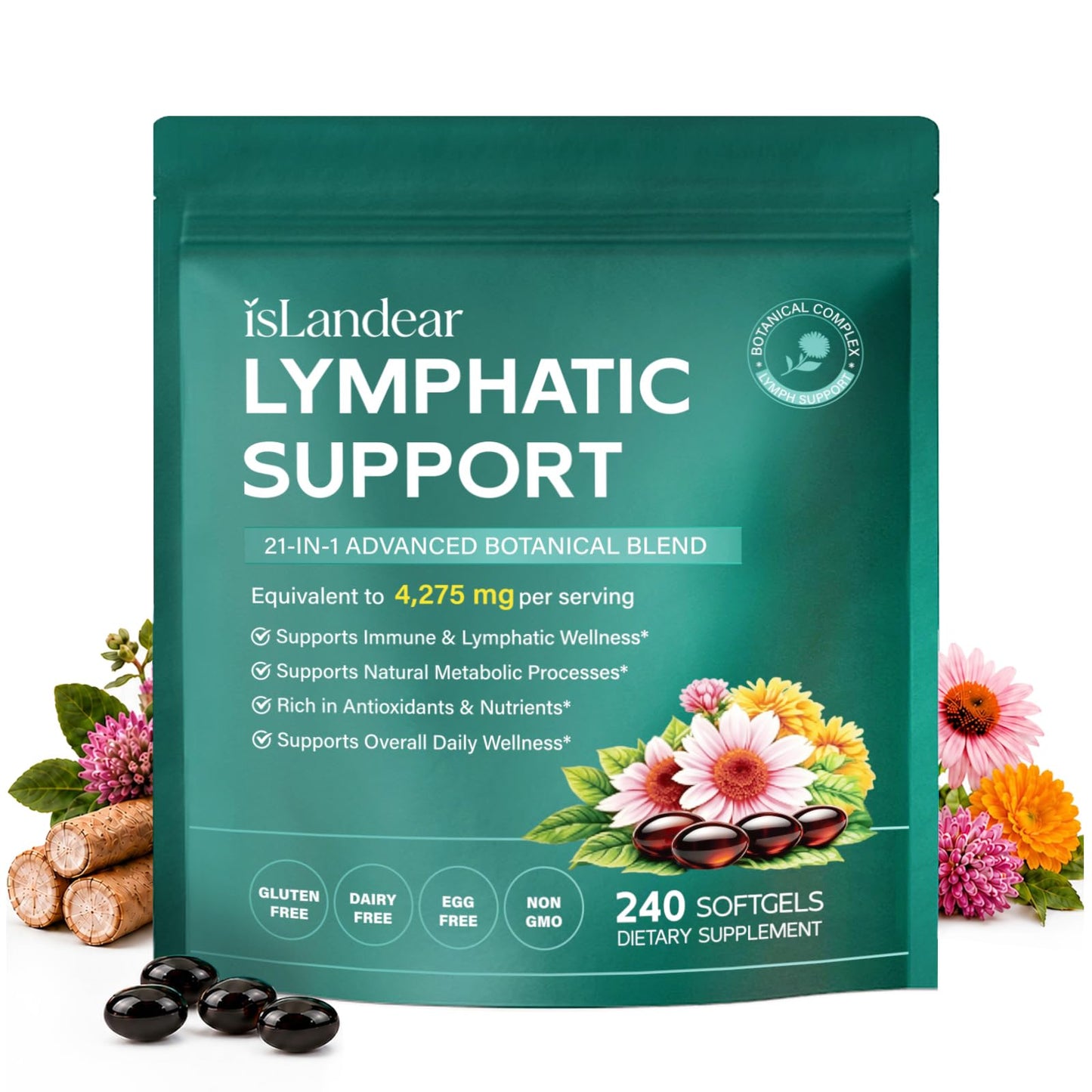 isLandear 21-in-1 Lymphatic Drainage Supplements for Women & Men Softgels, 240