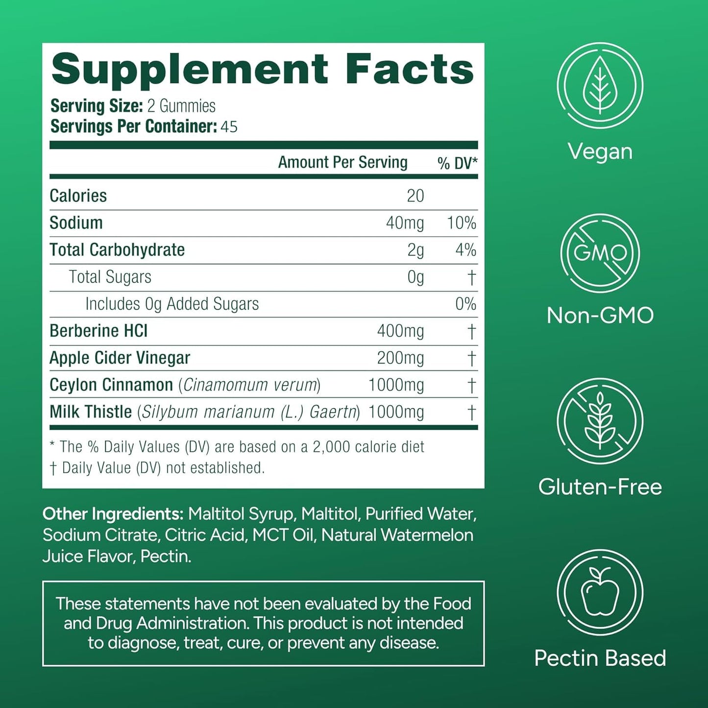 Purify Life Sugar-Free Berberine Capsules with Apple Cider Vinegar, Cinnamon & Milk Thistle, 90 Count
