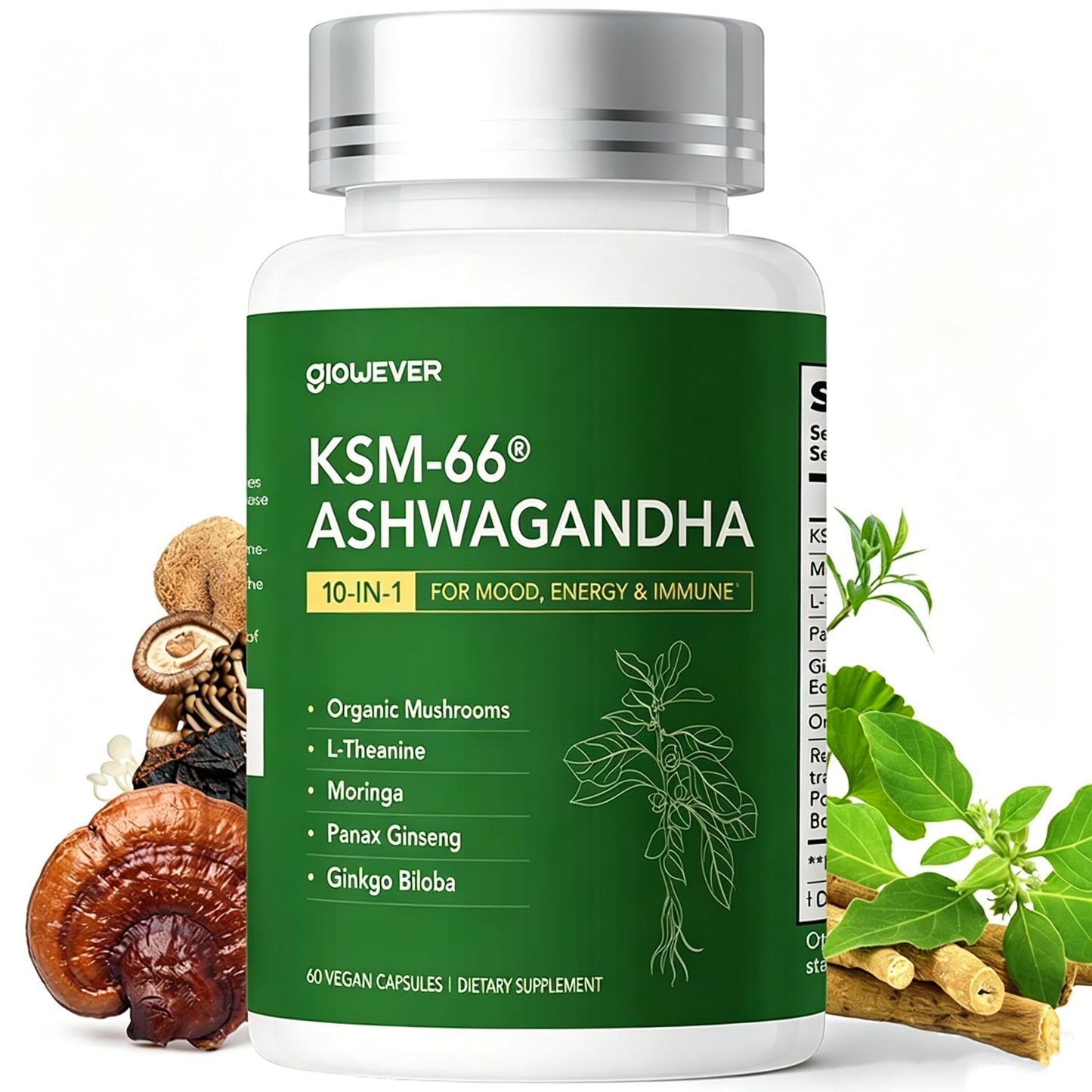 GlowEver KSM-66 Ashwagandha with L-Theanine, Mushrooms, Ginseng & Ginkgo Biloba - Extra Strength Stress Relief, Energy & Brain Health Support, 60 Capsules