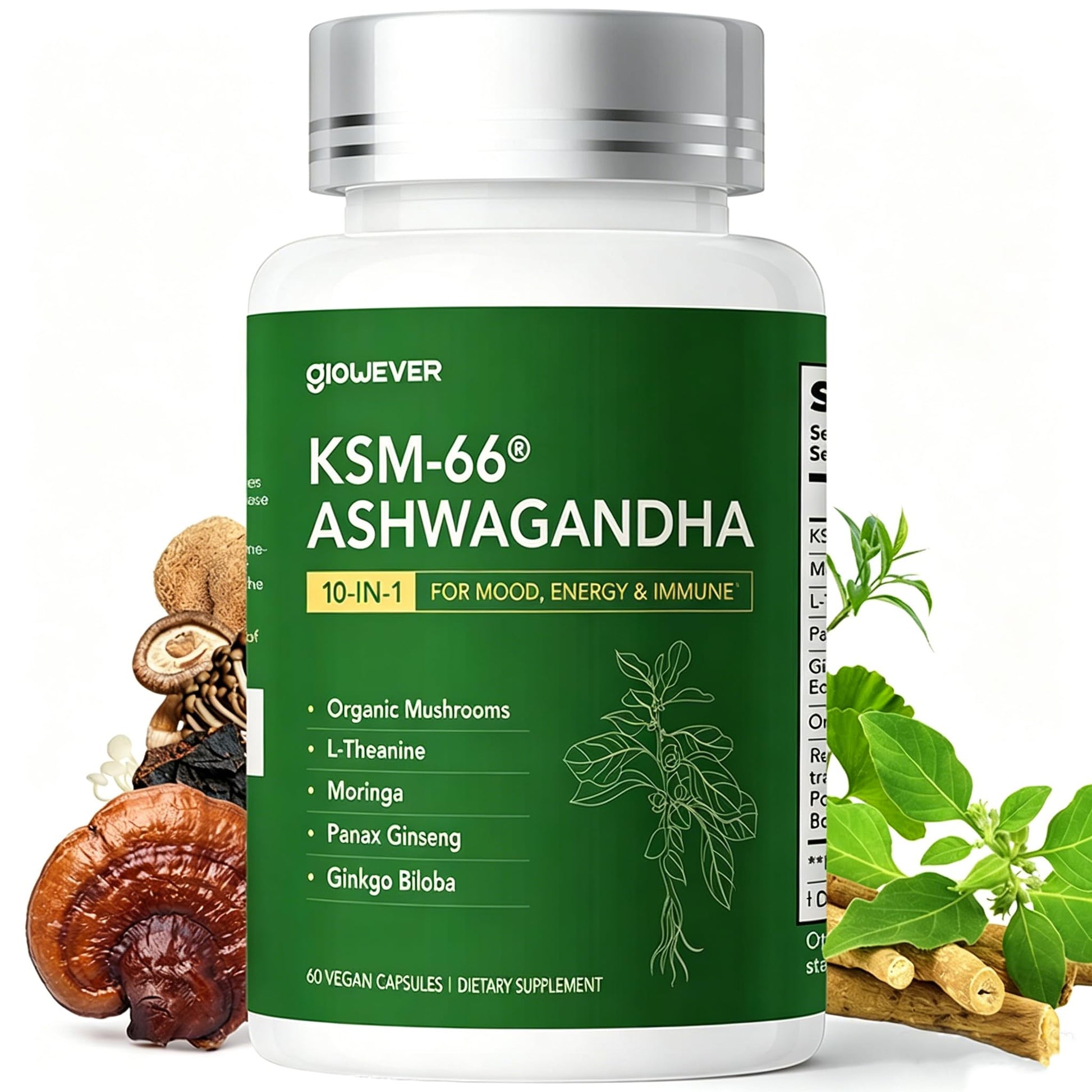 GlowEver KSM-66 Ashwagandha with L-Theanine, Stress & Energy Capsules, 60 Count