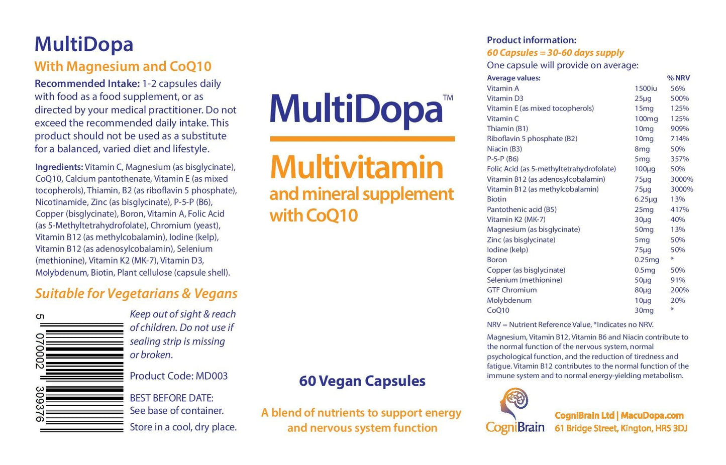 MacuDopa MultiDopa - CoQ10 Multi Vitamin & Mineral for Low Dopamine States 1 Capsule