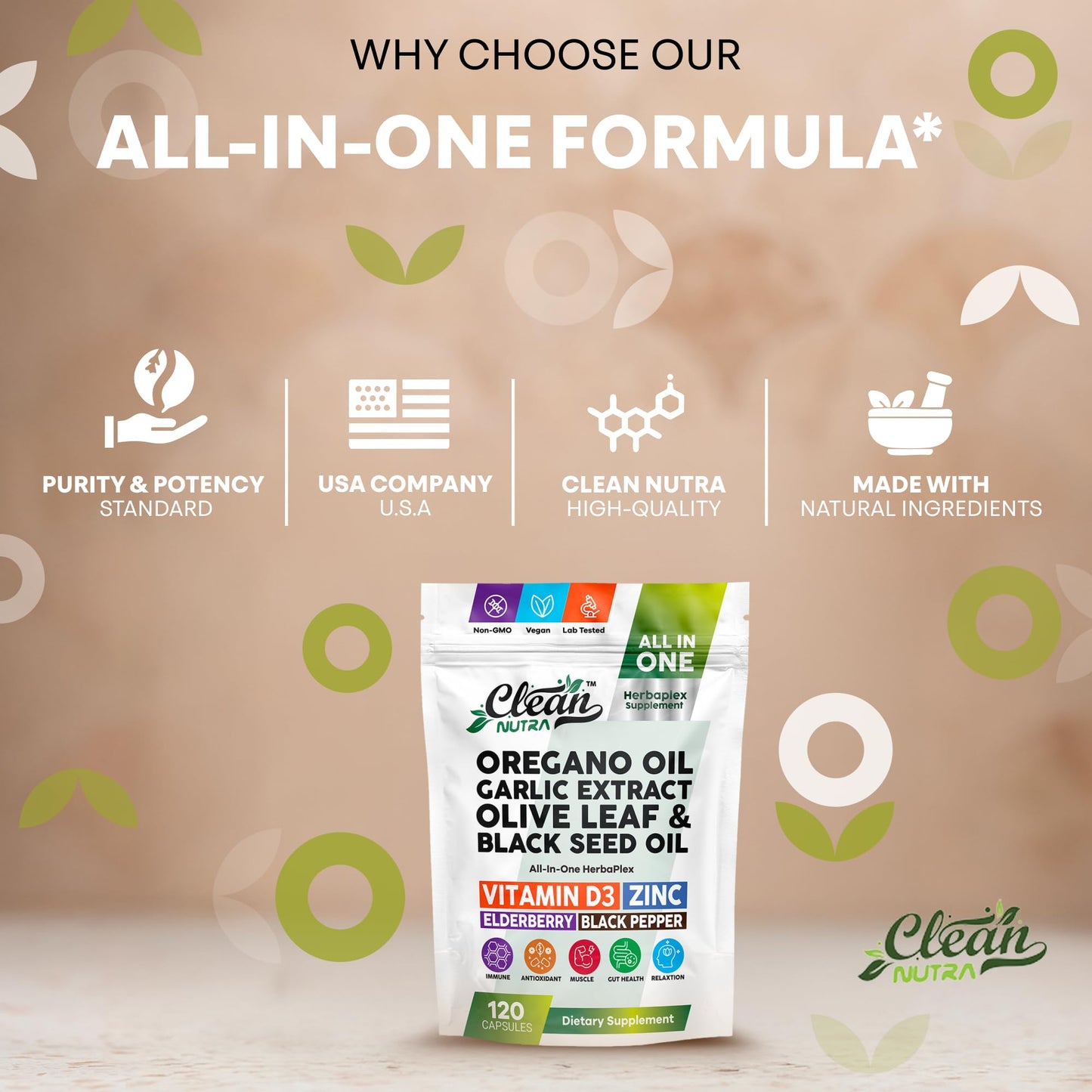 Clean Nutraceuticals Herbaplex Immune Support Immunity Blend Vitamin D Zinc Gluconate Oregano Oil Extract Black Cumin Garlic Olive Leaf Extract Elderberry Black Pepper 120 Capsules