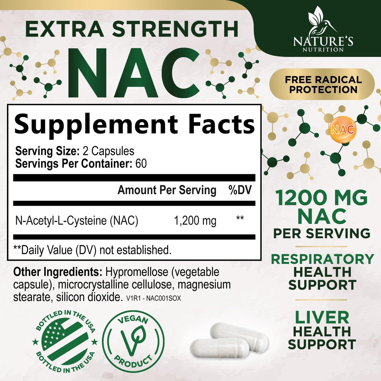 Nature's Nutrition NAC Supplement N-Acetyl-L-Cysteine 1200mg Per Serving Capsules, 120 Count
