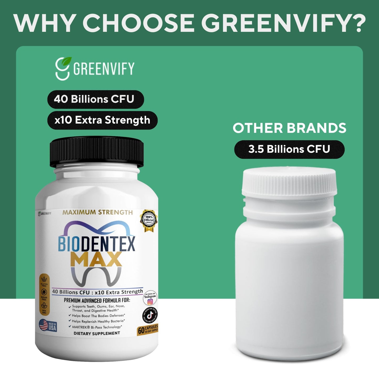 GREENVIFY BioDentex Max Maximum Strength Probiotic Supplement 60 Capsules