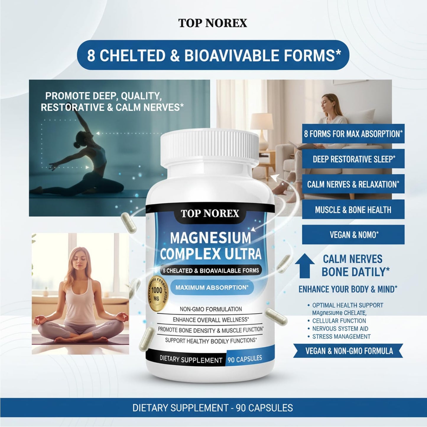 Top Norex Magnesium Complex Ultra - 8 Elemental 1000mg Magnesium Blend, Easy Absorption, 90 Capsules, 1 Count