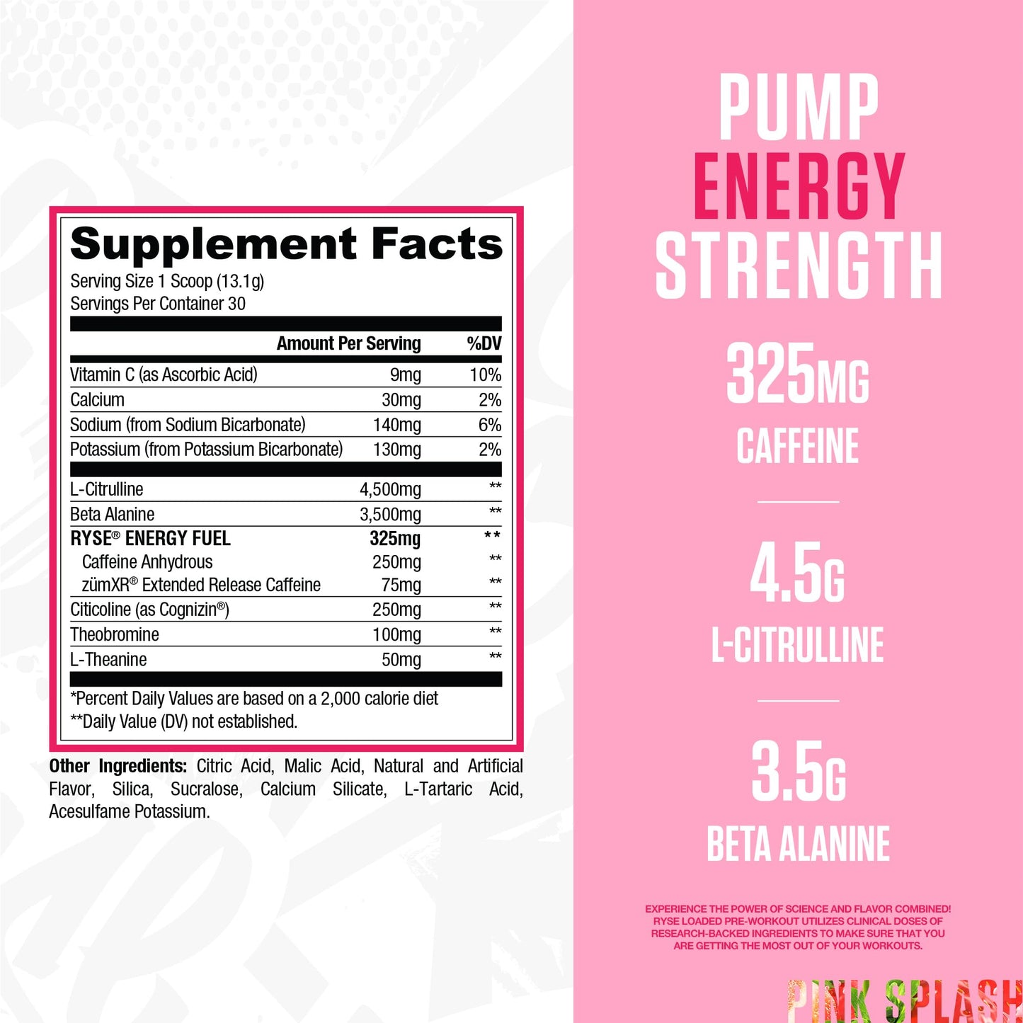 RYSE Up Supplements Loaded Pre Workout Pink Splash Powder 15.3 Ounces