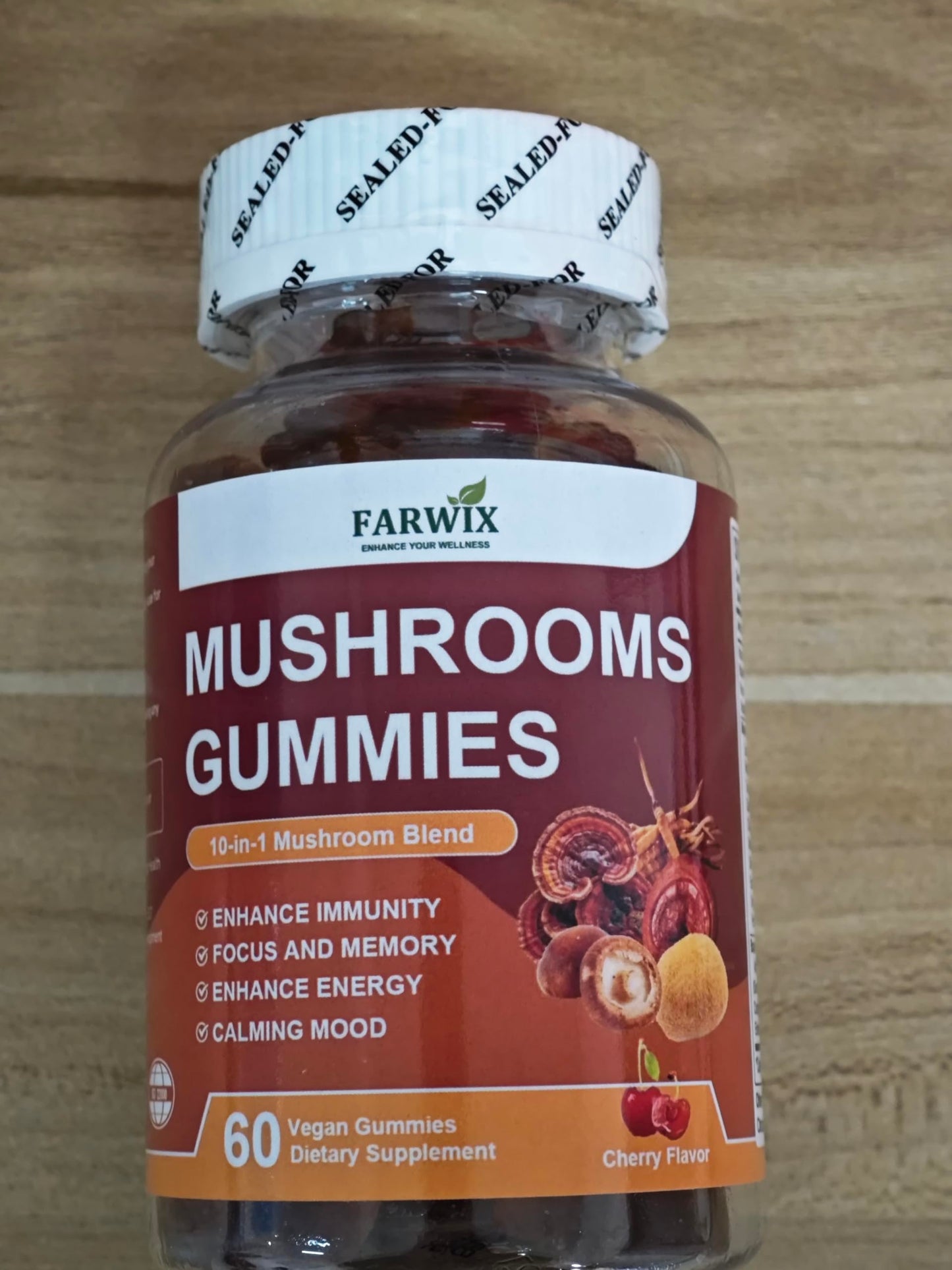 FARWIX Mushroom Gummies 10-Mushroom Blend with Lion’s Mane, Reishi & Cordyceps, Daily Focus, Energy & Balance Support, Vitamins & Botanical Extracts, Vegan Cherry Flavor, 60 Gummies