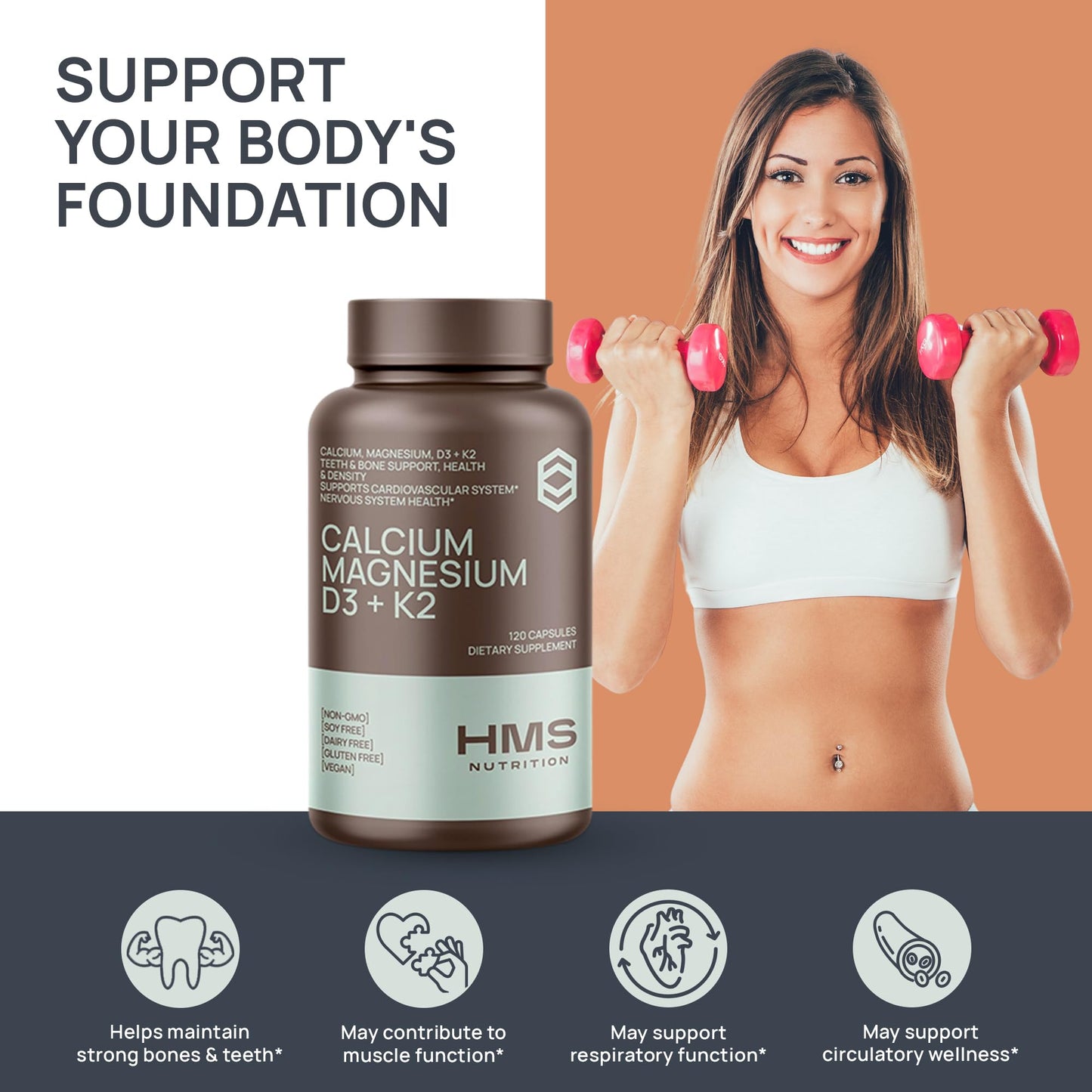 HMS Nutrition Calcium, Magnesium, Vitamin D3 + K2 for Bone Health & Immune Support for Women & Men, Non-GMO, Gluten-Free, 120 Capsules