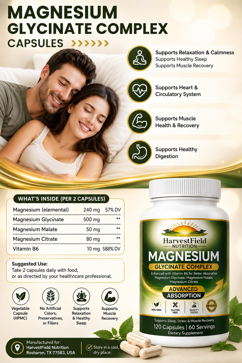 HarvestField Nutrition Magnesium Glycinate Complex Supplement with Vitamin B6, 120 Capsules