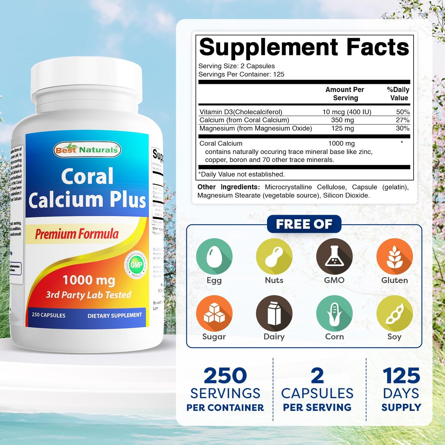 Best Naturals Coral Calcium Plus 1000 mg Capsules 250 Count