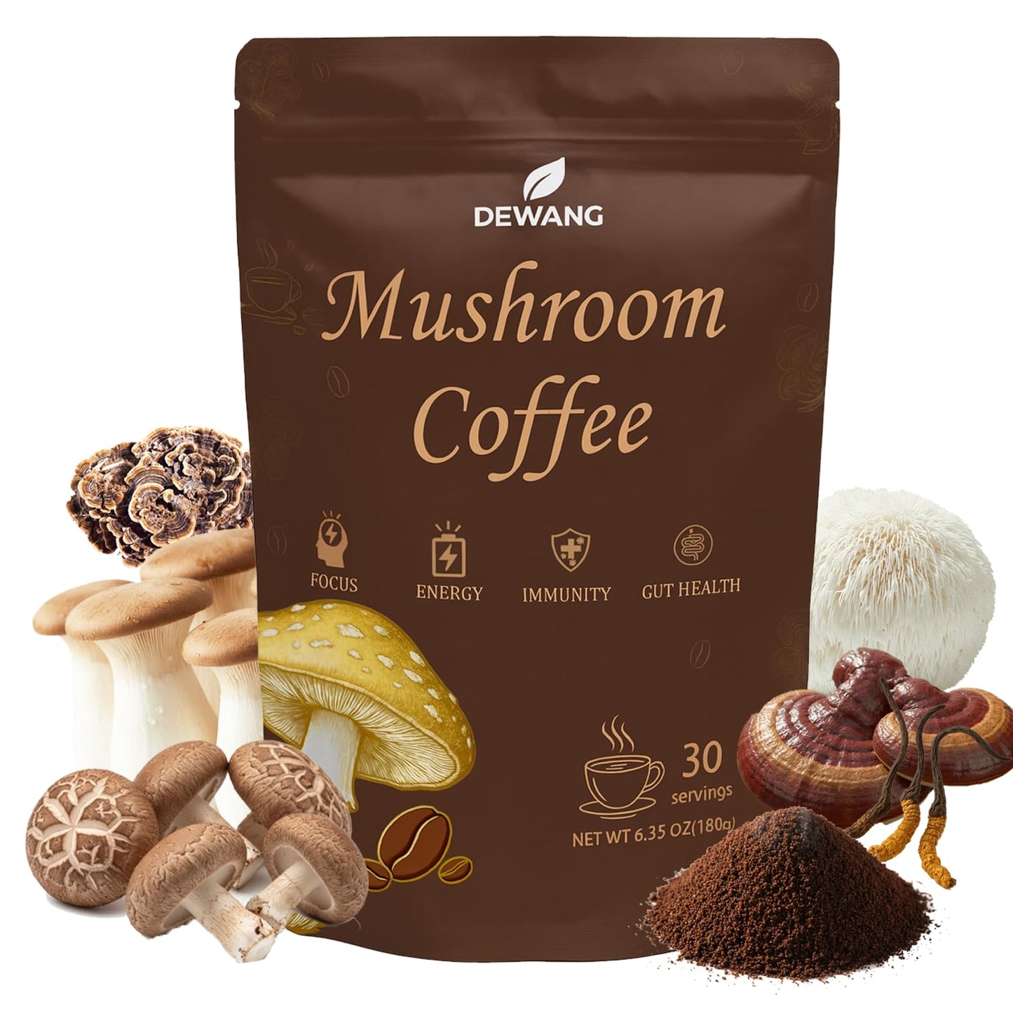 DEWANG Mushroom Coffee 6-Mushroom Instant Blend Powder with Lion’s Mane, Cordyceps, Reishi, King Trumpet, Shiitake & Turkey Tail, 6.35 Ounce