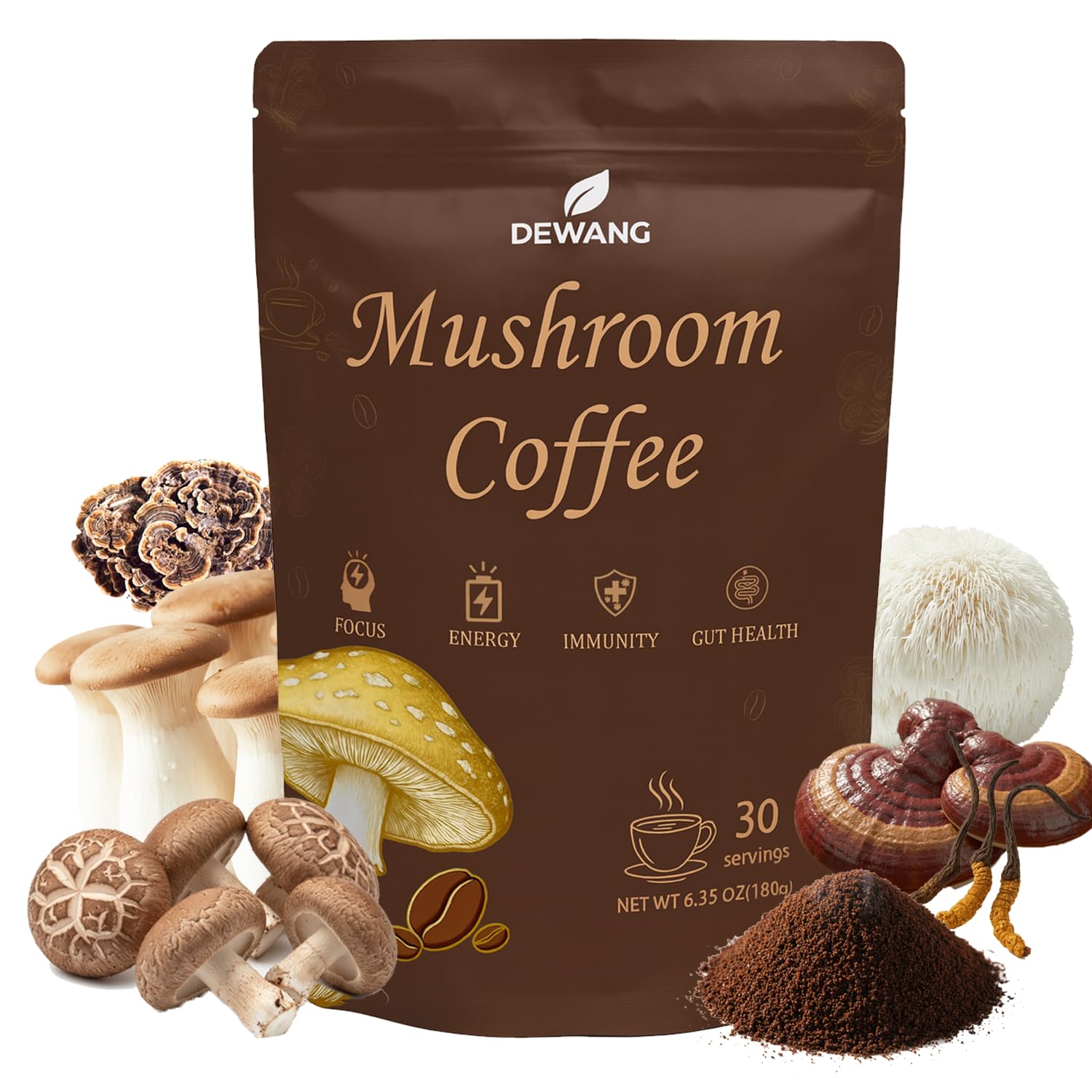 DEWANG Mushroom Coffee 6-Mushroom Instant Blend Powder with Lion’s Mane, Cordyceps, Reishi, King Trumpet, Shiitake & Turkey Tail, 6.35 Ounce