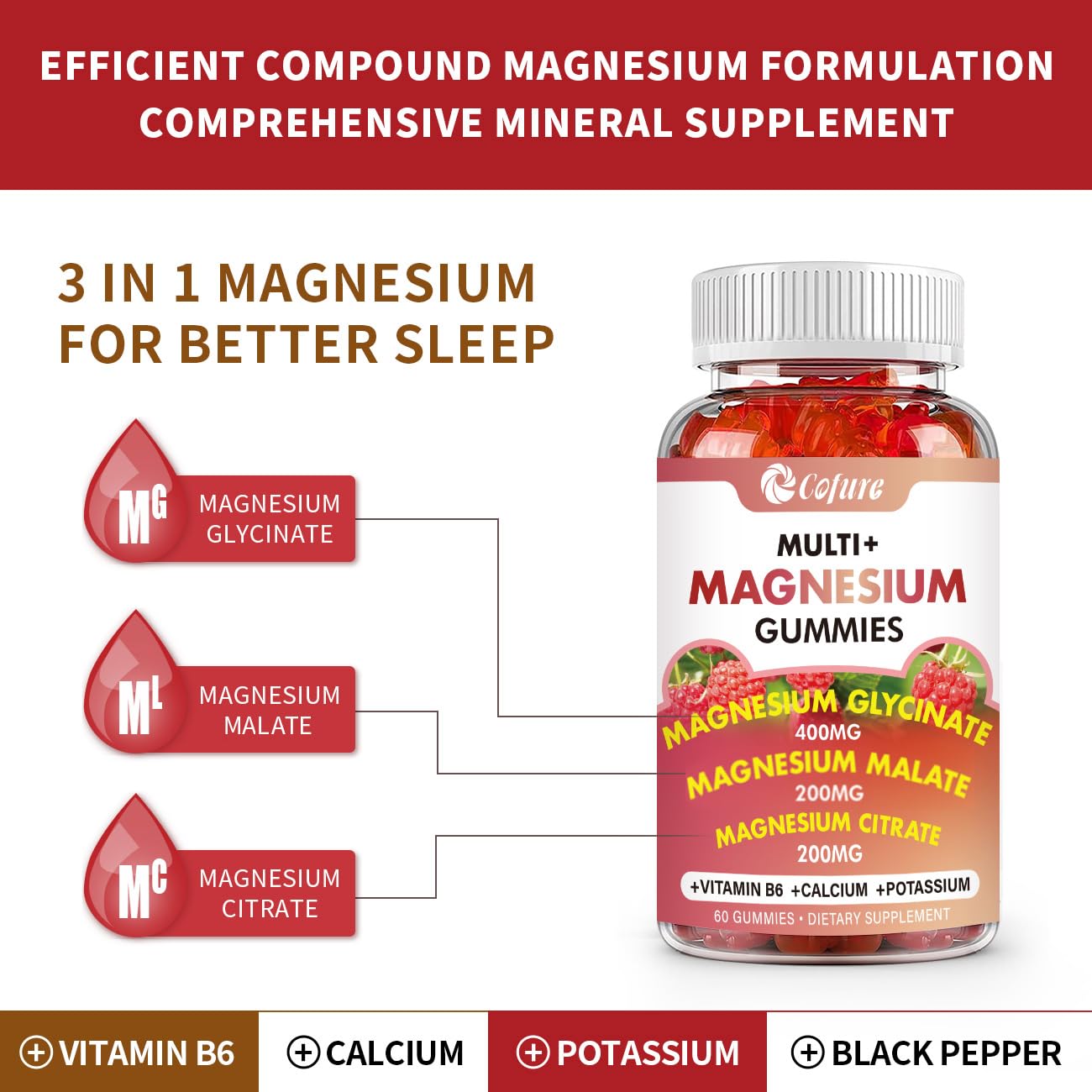 Cofure Triple Magnesium Complex 900 mg, Magnesium Glycinate, Citrate, Malate with Potassium, Calcium, Vitamin B6 Gummies, 120 Count