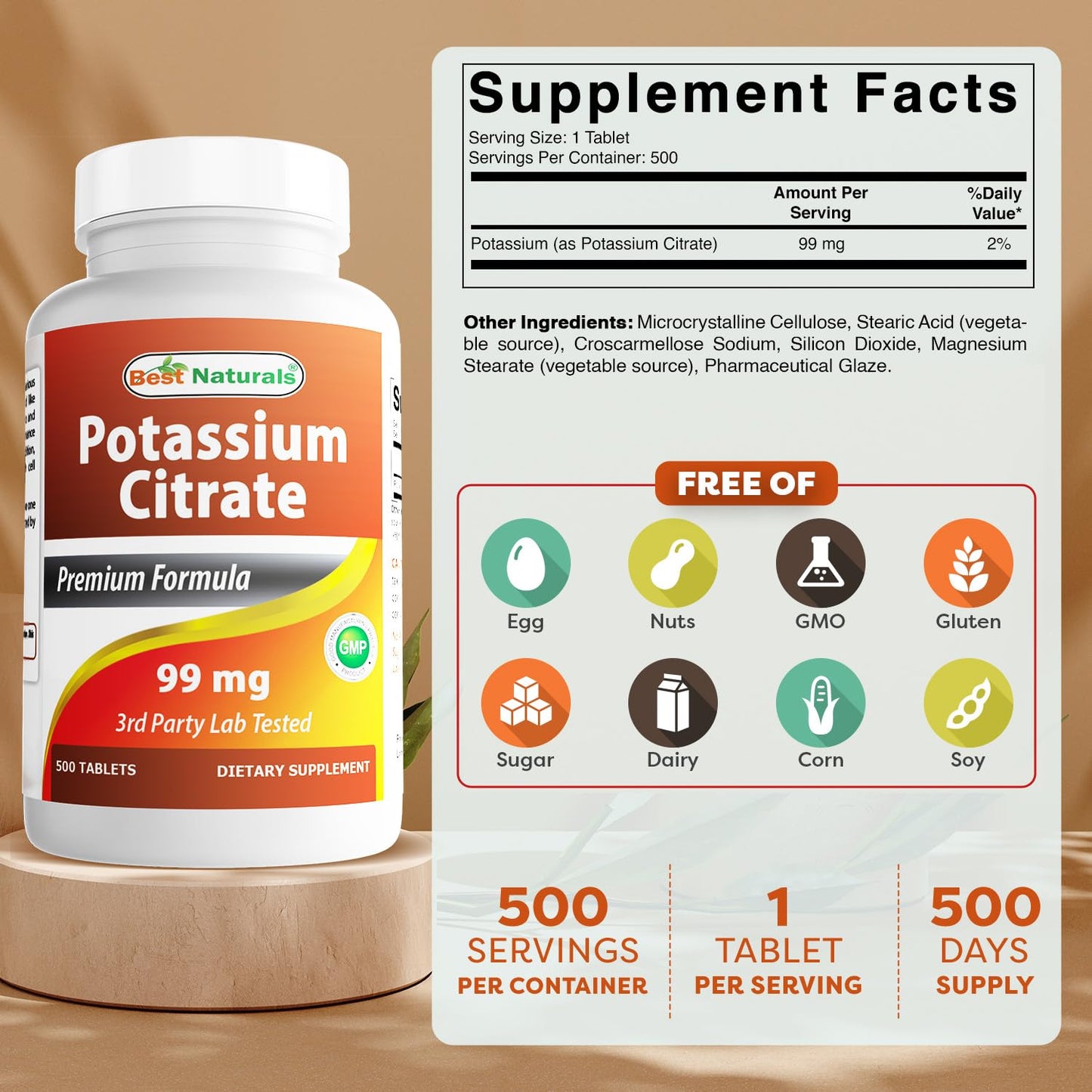 Best Naturals Potassium Citrate 99 mg Tablets, 500 Count