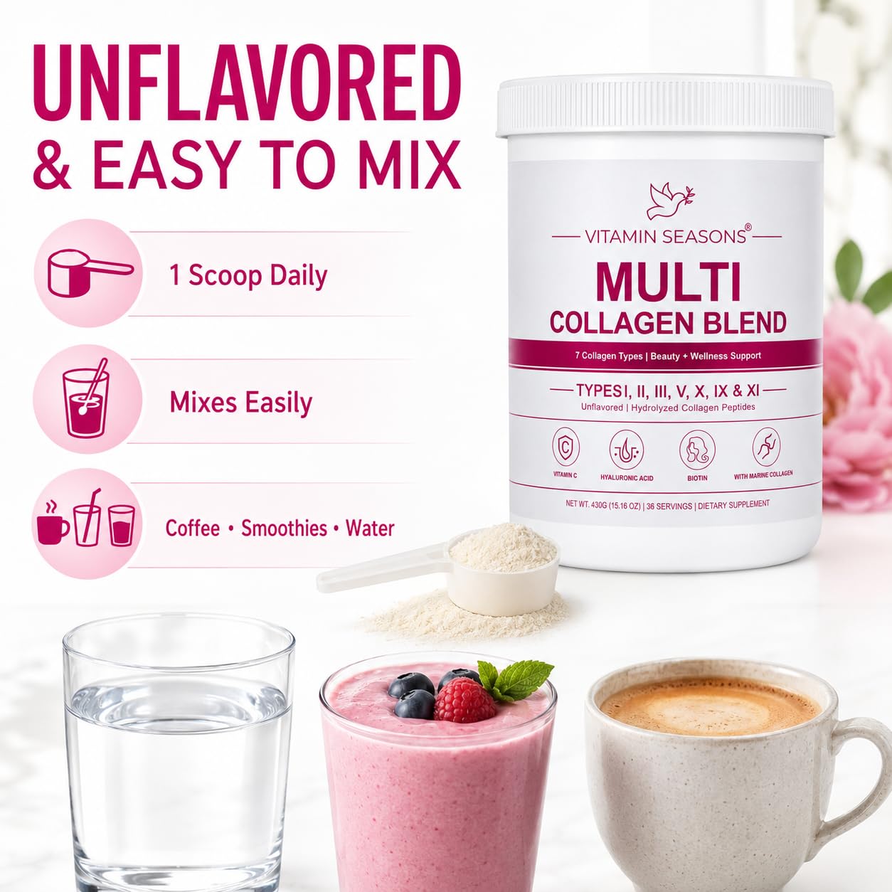 VITAMIN SEASONS Multi Collagen Peptides 7 Types Unflavored Powder 15.16 Ounce
