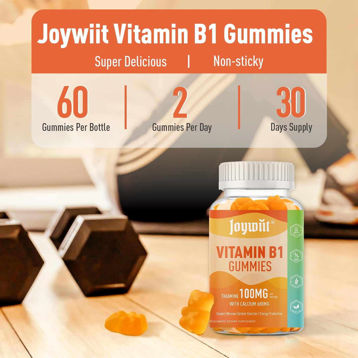 Joywiit Vitamin B1 Gummies 100mg for Adults & Kids, Thiamine B1 Supplement with 600mg Calcium, Nervous System Support & Energy Boost, Orange Flavor, Non-GMO, Vegan, 60 Gummies