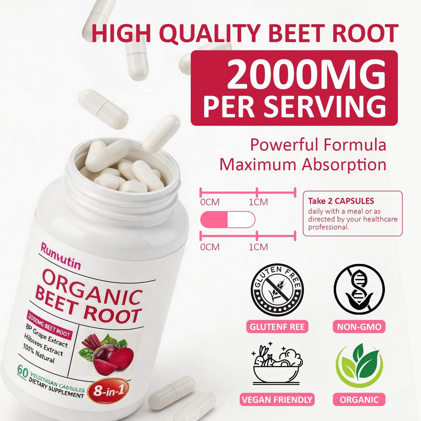 Runvutin Organic Beet Root Capsules 2000mg Beet Root Powder, Blood Pressure & Nitric Oxide Support, Digestive Health, 120 Capsules