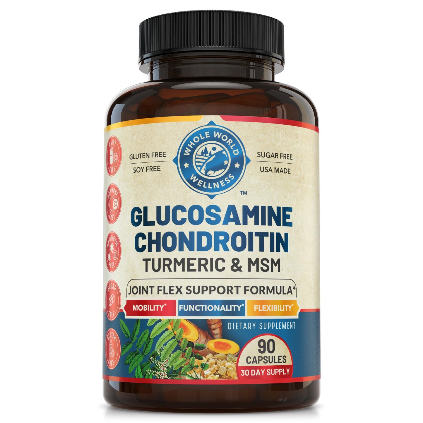 WHOLE WORLD WELLNESS Joint Support Supplement with Glucosamine Chondroitin MSM Turmeric Boswelia Capsules, 90 Count