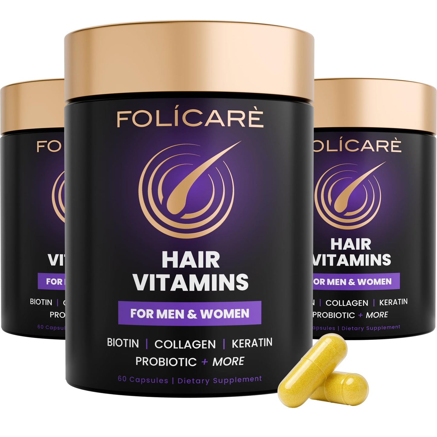 FOLICARE Biotin Hair Growth Supplement with Collagen, Keratin, and Probiotics Capsules 180 Count