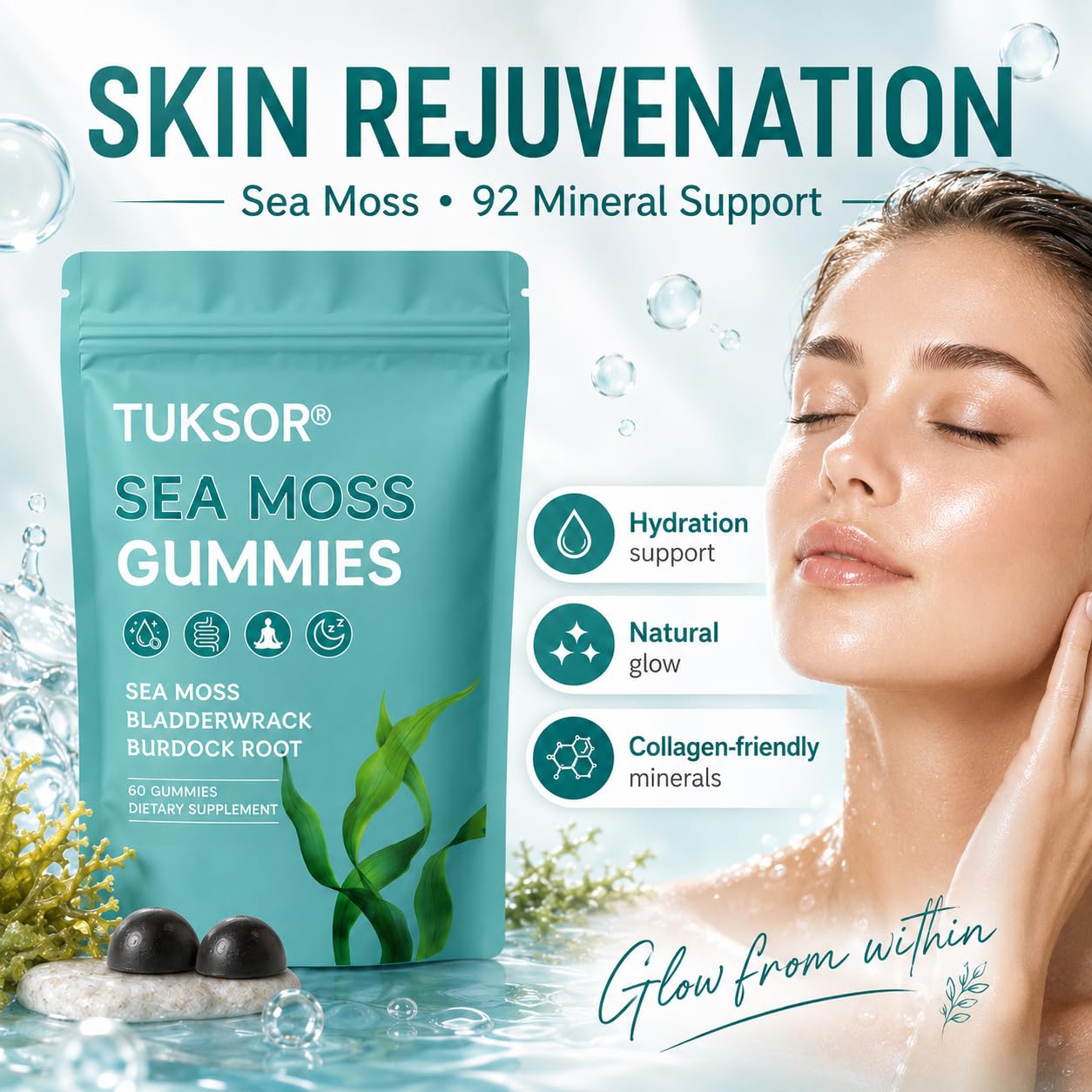 TUKSOR Organic Sea Moss Gummies with Black Seed Oil, Burdock Root, Ashwagandha & Bladderwrack – Herbal Energy, 60 Gummies