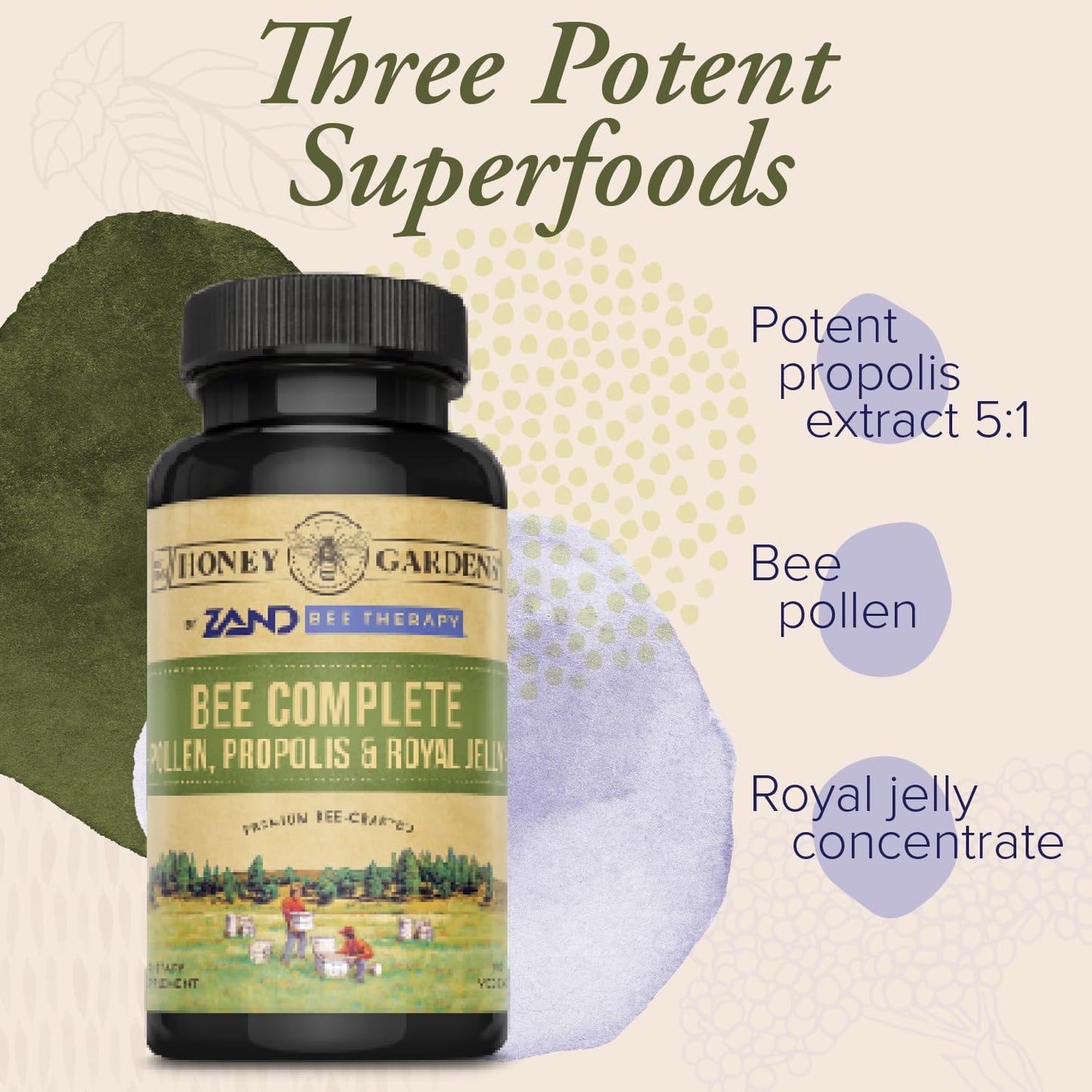 ZAND Honey Gardens Bee Complete - Bee Pollen Supplement for Men & Women, Propolis & Royal Jelly Superfood Blend, High Potency Nourishing Formula, Capsules, 90 Count