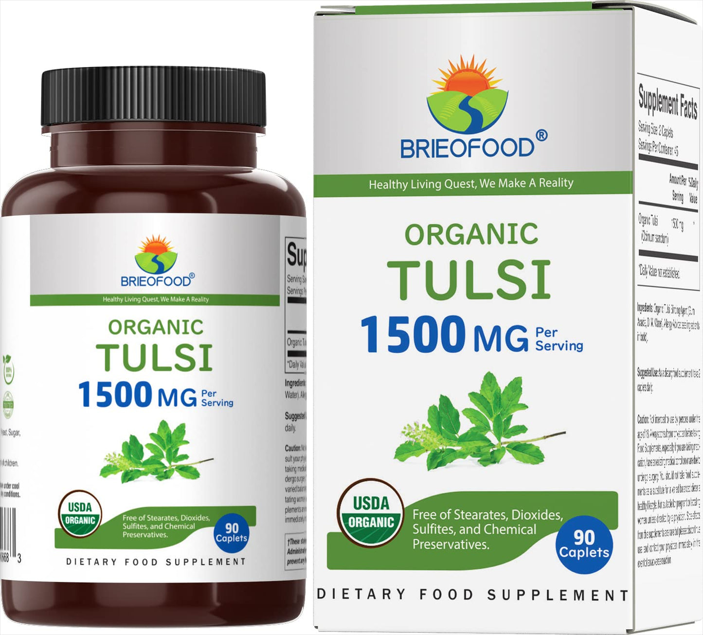 Brieofood Organic Tulsi (Holy Basil) 1500mg Tablets, 90 Count