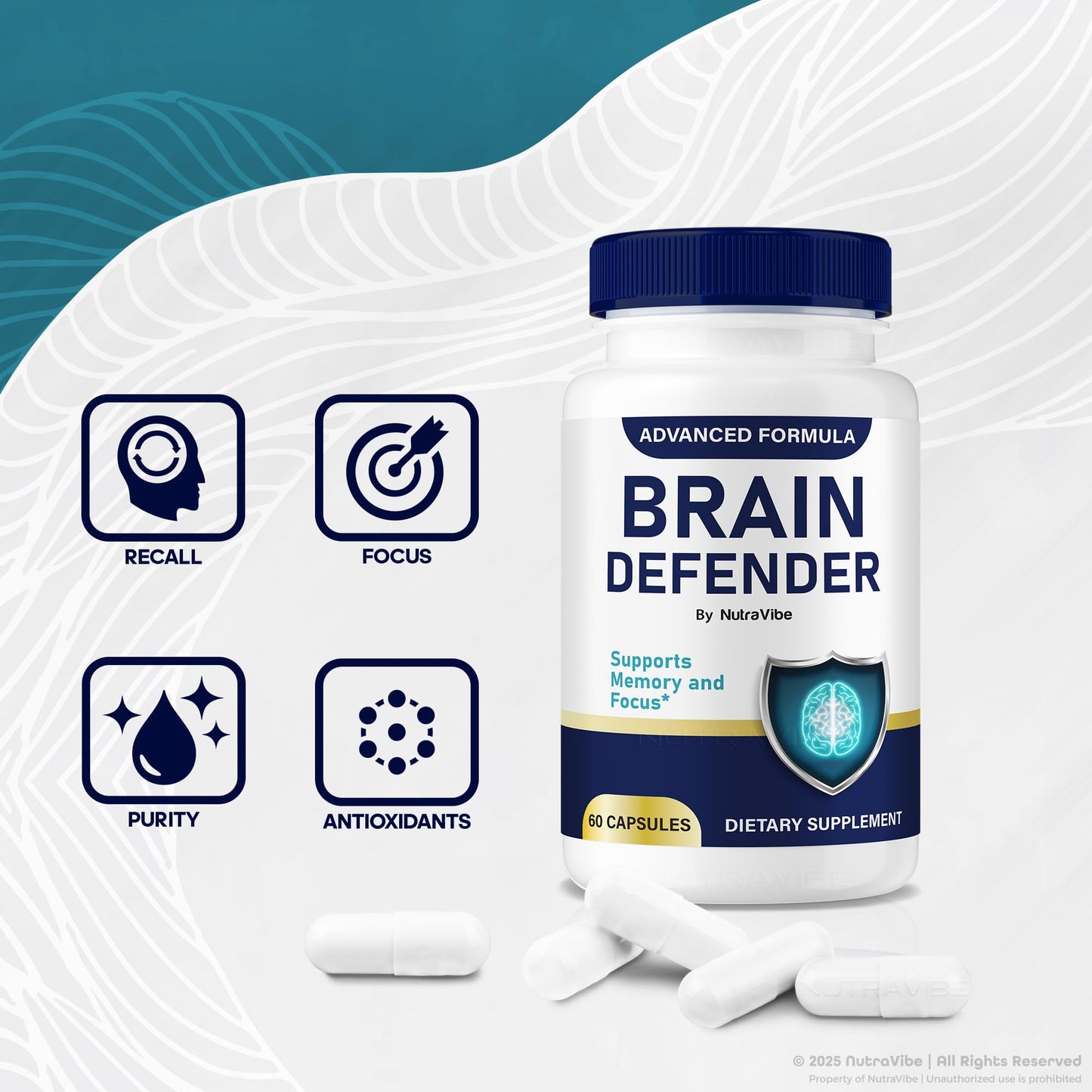 NutraVibe Brain Defender Brain and Memory Support Capsule 60 Count