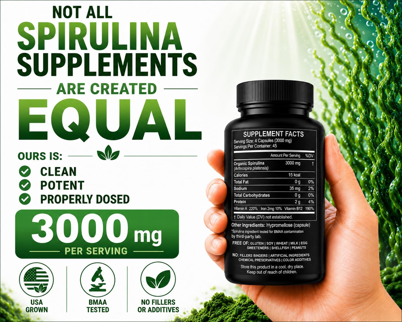 HCL Herbal Code Labs Spirulina Powder 180 Capsules