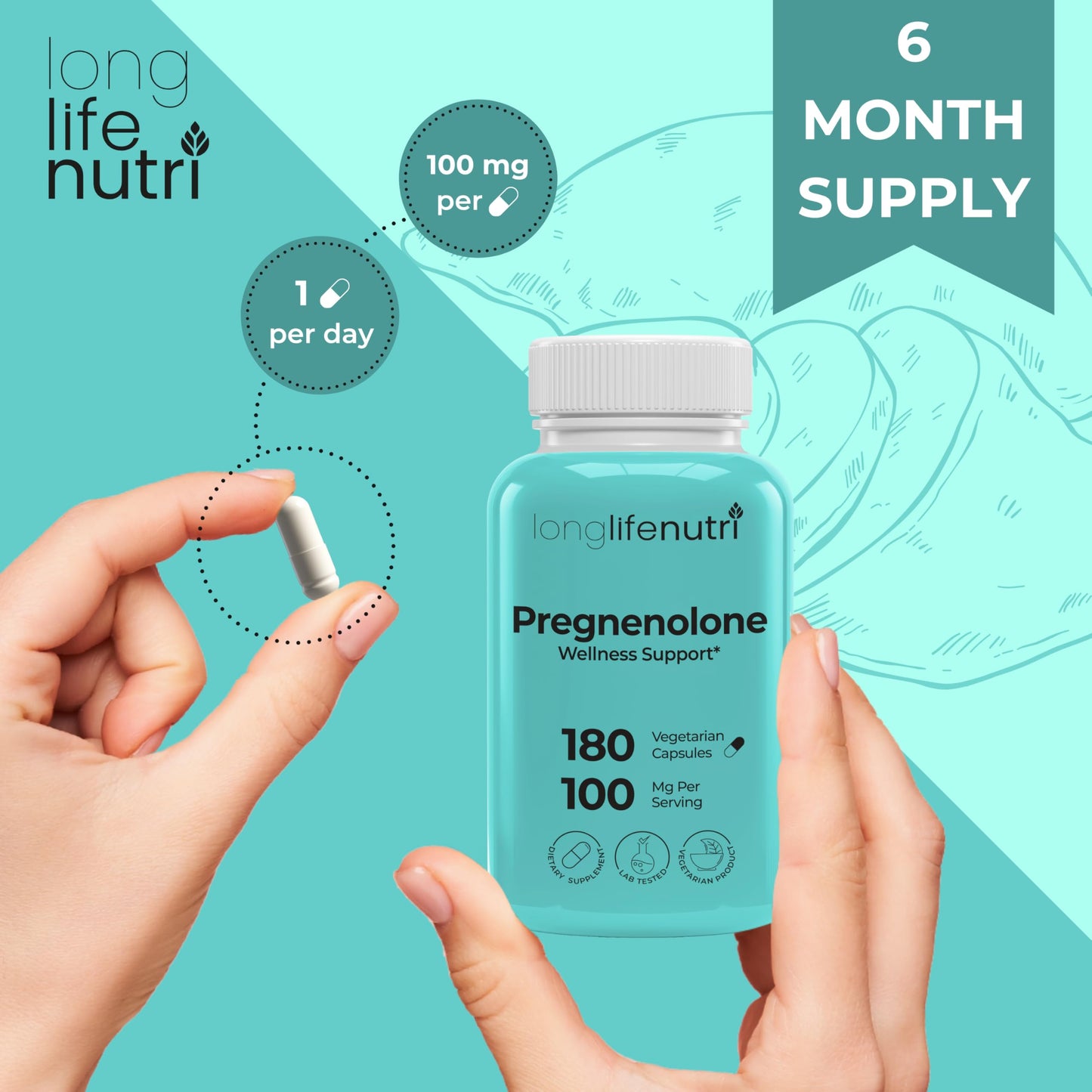 LongLifeNutri Brain & Hormone Support Pregnenolone Capsules 180 Count