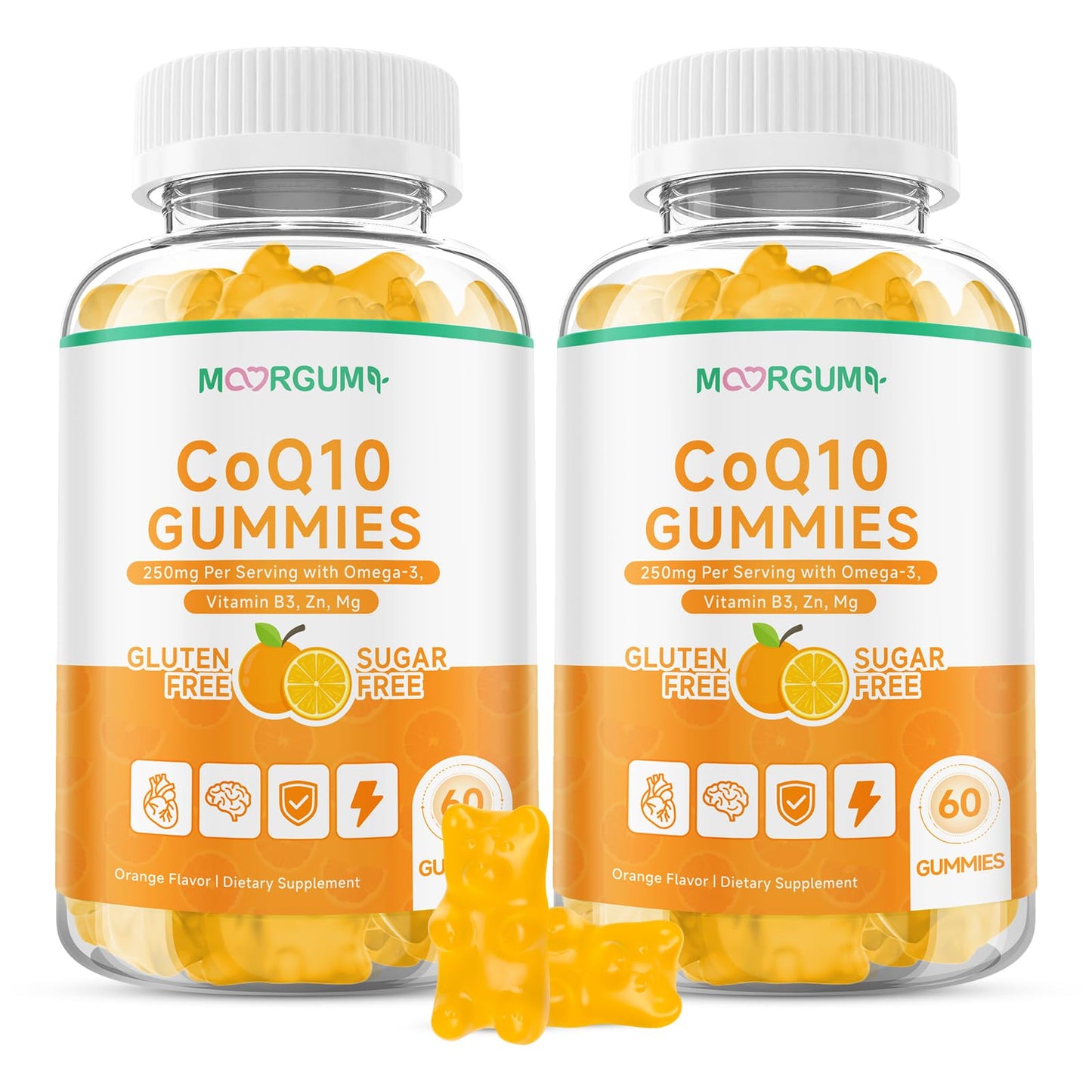MOORGUMY CoQ10 Gummies 250mg High Absorption Coenzyme Q10 with Omega-3, Vitamin B3, Zinc, Magnesium, Supports Heart Health, Cellular Energy & Antioxidant, Vegan, Non-GMO, Orange Flavor, 60 Count