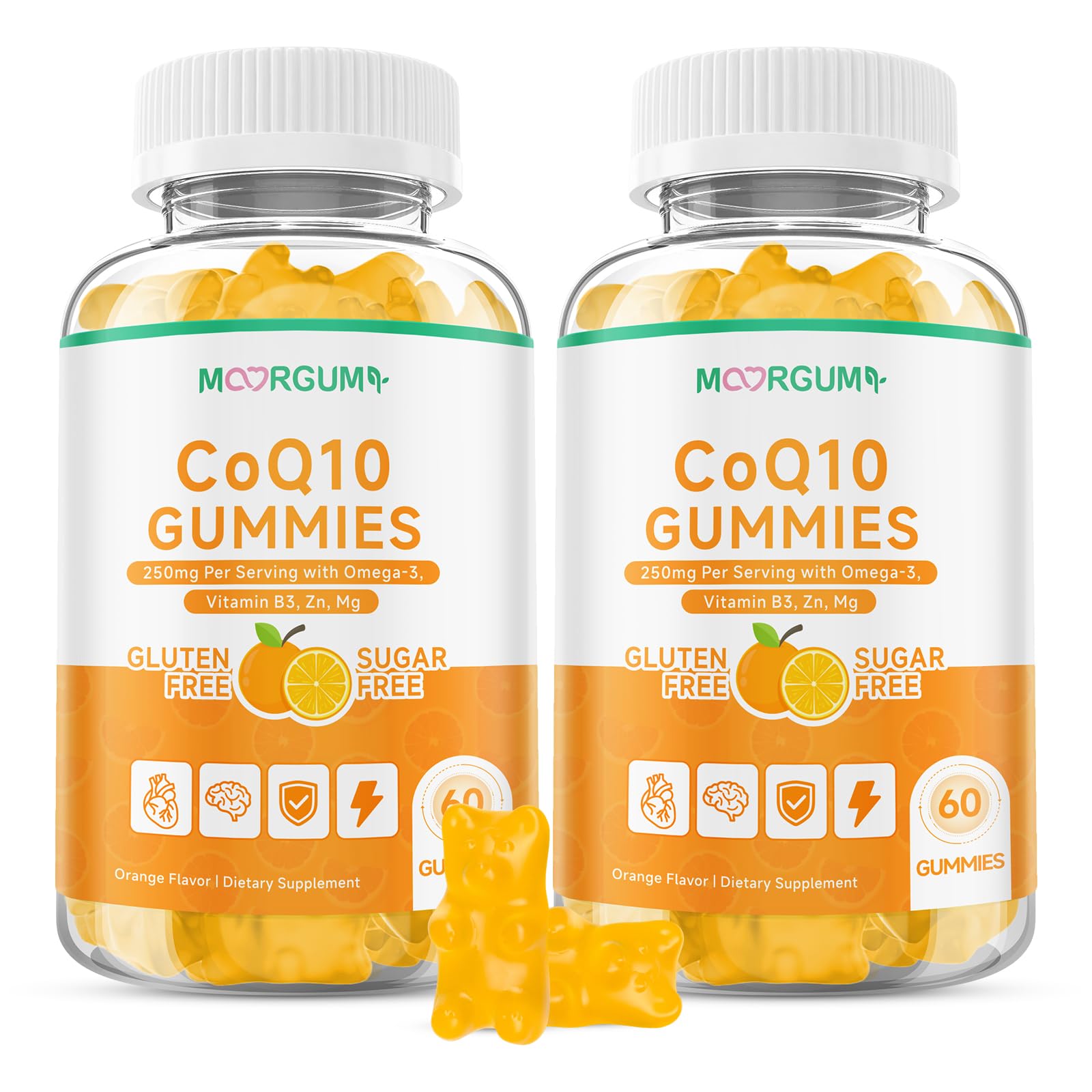 MOORGUMY CoQ10 Gummies 250mg High Absorption Coenzyme Q10 with Omega-3, Vitamin B3, Zinc, Magnesium, Supports Heart Health, Cellular Energy & Antioxidant, Vegan, Non-GMO, Orange Flavor, 60 Count