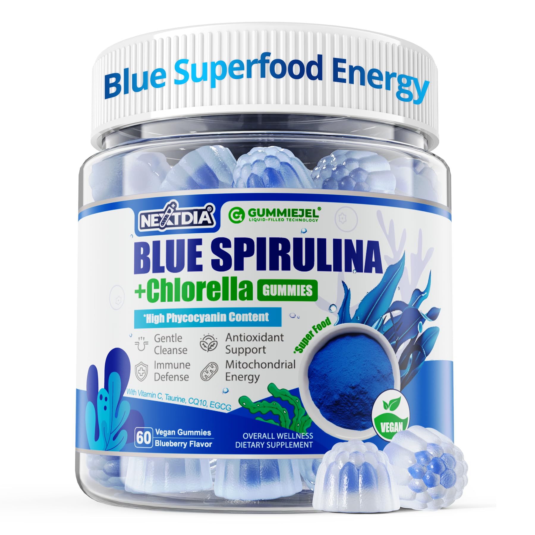 Nextdia Organic Blue Spirulina Gummies, 60 Count