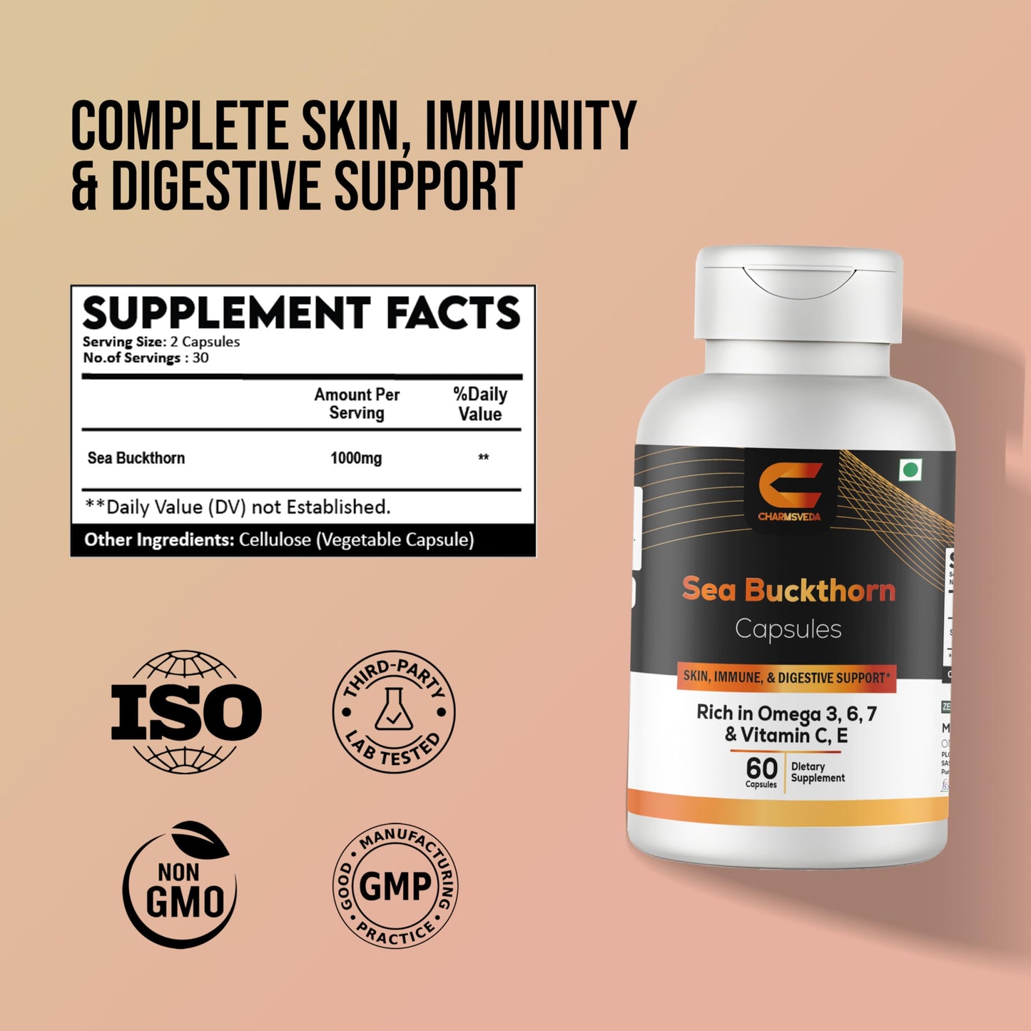 CHARMSVEDA Sea Buckthorn Capsules 1000 mg with Omega 3, 6, 7, Vitamins C & E for Skin Health, Immune Support & Overall Wellness, 60 Capsules